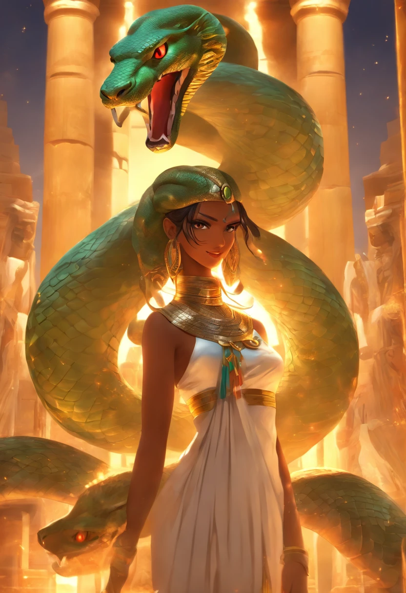 (((serpent face))) best quality, very high resolution, 4K detailed CG, masterpiece, Egyptian mythology, Renenutet, snake goddess, sun in the background, Ancient Egypt, standing pose, serpent face, white clothes , Egyptian clothing , Egyptian temple, desert, Ancient Egypt, ((serpent head)), Egyptian palace, aesthetics, beautiful image, centered on screen, standing pose