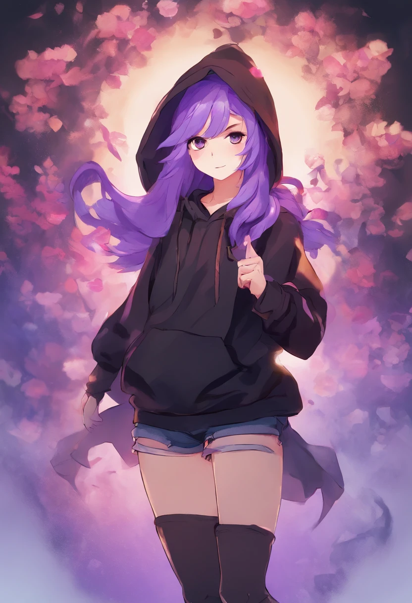 Cute and cuddly femboy in black shorts and purple hoodie