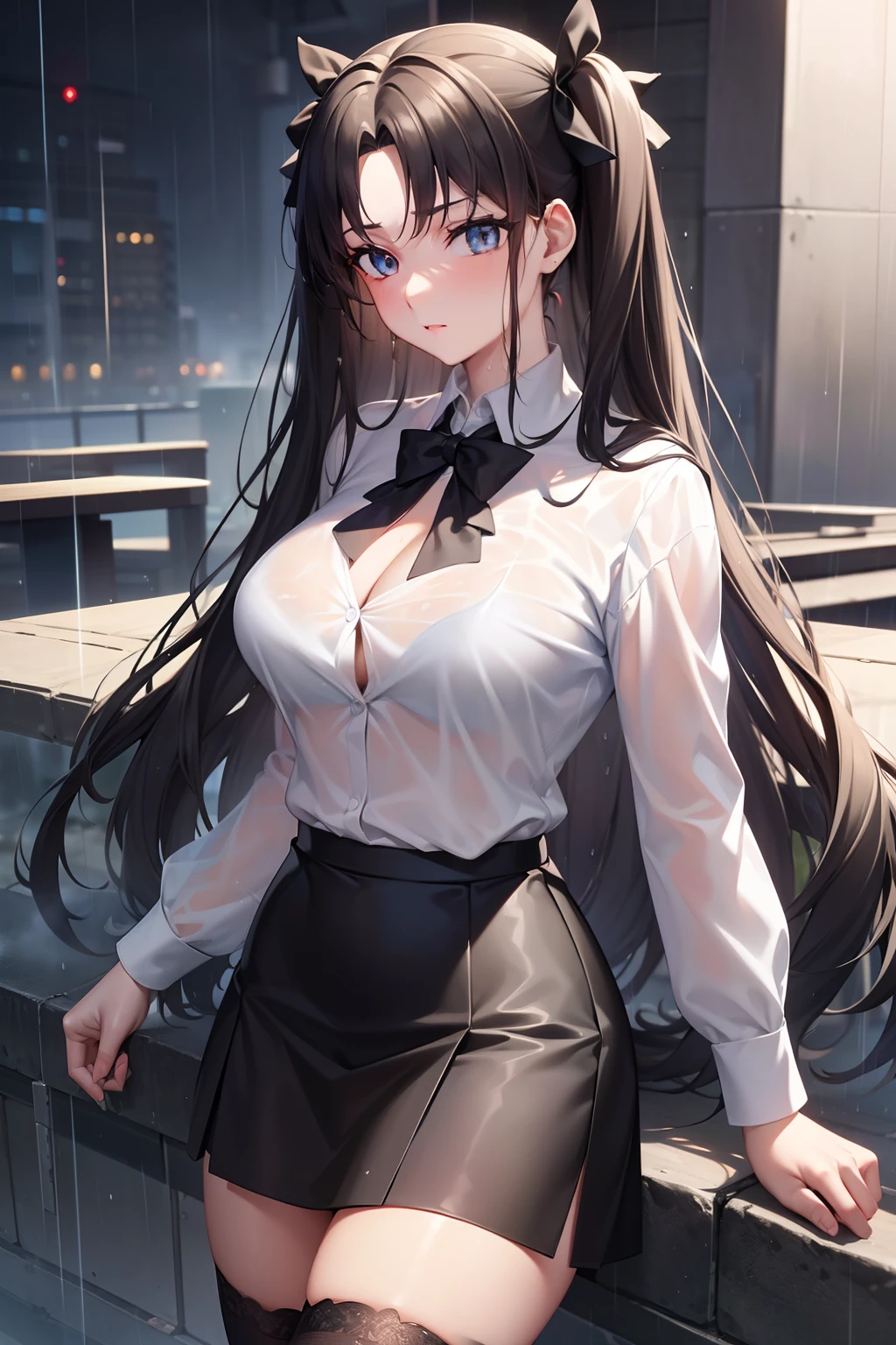 Rin Tohsaka, Rin Tohsaka, aqua eyes, Black hair, Hair Ribbon, Long hair, bow ribbon, (side locks:1.3), (black thighhighs:1.3), looking at the viewers, BREAK (masutepiece:1.2), Best Quality, High resolution, Unity 8k壁纸, (Illustration:0.8), (Beautiful detailed eyes:1.6), extra detailed face, Perfect Lighting, extremely details CG, (Perfect hands, Perfect Anatomy),,cowboy  shot、(white  shirt:1.5)、(Office Lady:1.3)、Miniskirts、((Black skirt:1.5))、Jacket, Formal, Suit, pencil skirts, Skirt suit、(cleavage of the breast),、(Detailed ultra-oily shiny skin:1.1)、oily shiny thighhigh、(rain is falling:1.4)、The shirt is wet and see-through、The body is dripping wet、The skirt is wet、Good woman dripping water、(Bra with shirt showing through:1.3)、plein air、outside of house、very heavy rain、drenching、