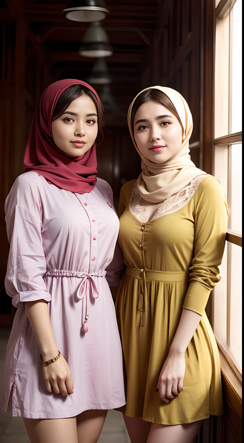 (iu:0.8).cleavage, RAW, Best quality, high resolution, Masterpiece: 1.3, two Beautiful glasses hijabi java girls wearing minidress, Masterpiece, Soft smile