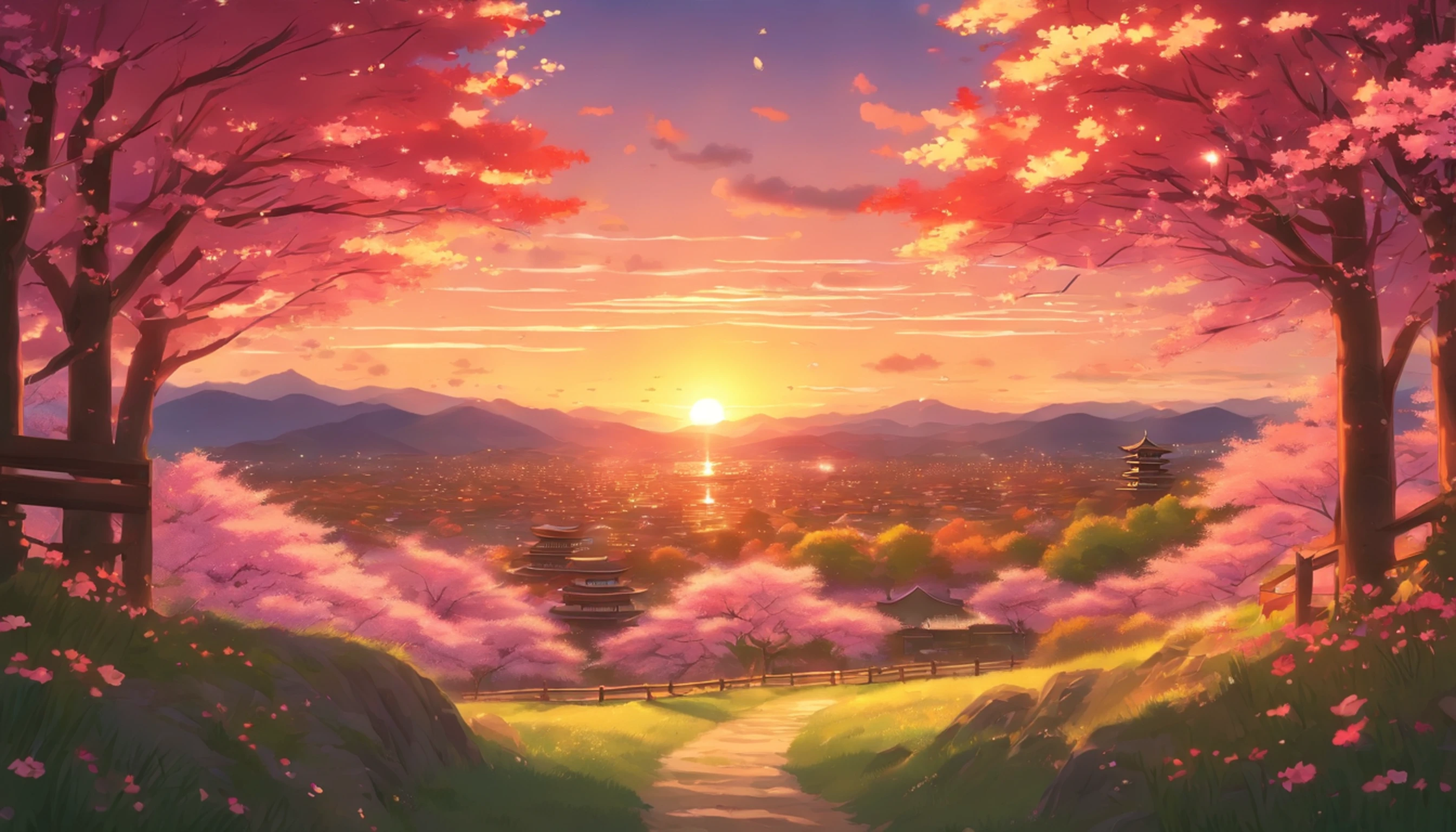 Anime-style depiction of a serene landscape at sunset, with fields of vibrant, blooming sakura trees, in the style of Studio Ghibli and Kyoto Animation.