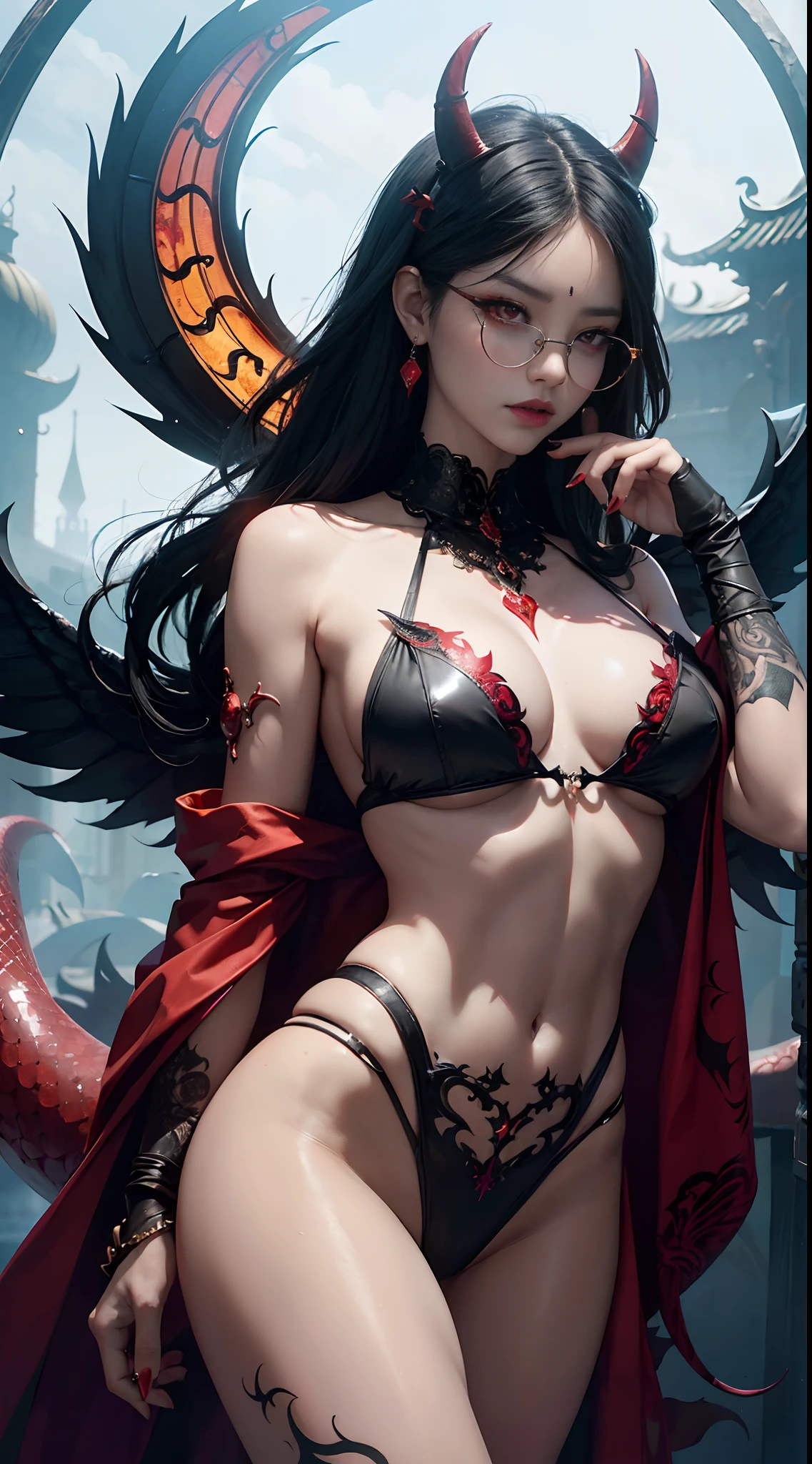 Fine、(The best illustrations)、8k UHD resolution、intricate-detail、top-quality、realisitic、ultra-detailliert、The best lighting、Best Shadows、Soft lighting、Ulutra HD、1 beautiful devil woman from hell, surreal female portraits by David Hockney and Alphonse Mucha, Fantasy Art, Chinese Doll、Dungeon and Dragon、Devil's Palace、Devil's Torture Chamber、magia、 A Necromancer、natta、Dark style、Succubus、Devil's Daughter、Bat Wings,(((Demon Horns)))、((((black-rimmed round glasses))))、(((Colossal tits)))、(Devil's Tail)、(red eyes glowing:1.6)、 intricate tattoos, demonic intricate tattoos, thigh tattoos, body tattoos, masterpiece、beautiful countenance、Muscular seductive body、The enchanting body of the devil、Seductive Black Magic Costume、A shiny red snake wrapped around her hand、Tindall Effect、photos realistic、(High Detail Skins:1.2)、 (Intricate details, makeup, pureerosface_v1:0.5), (Detailed beautiful delicate face, Detailed beautiful delicate eyes, A perfectly proportioned face, High detailed skin, Detailed skin, best ratio four finger and one thumb, arms below breasts, Tattoo with a red glow under the stomach、Awesome awesome, wide hips, smooth midriff, skiny and thin, __Fashion__, __hair__:1.25)、Digital SLR、hightquality、a picture、hight resolution、 absurderes、Ponytail distortion、1人、Red sparkling gemstone necklace、jewely、Beautiful expression、Body Up、Large breasts emphasis、Toned waist、Wide buttocks、Devil's Tail、intricate tattoos, demonic intricate tattoos, thigh tattoos, body tattoos, effect、Photorealsitic、(High Detail Skins:1.2)、In the Dark, lowkey, cowboy lens, (Black Phoenix Dress: 1.0), Seductive Black Magic Costume、Long hair, Black hair, Bust, Devil's Palace, devil crown, red eyes make up very sharp and detailed, The most beautiful face, Super tight breasts, Breast augmentation surgery, The breasts are very big and round and round, Black magic costume、Super realistic , Charming smile, The eyes are very well made up, ((Red Eye:1.0)), guweiz, devil style,Muscular seductive body、 wearing black mesh