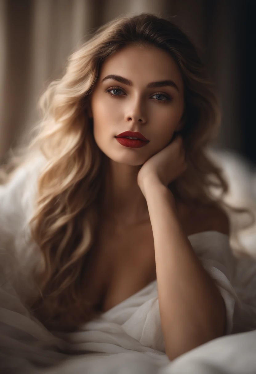 Young and beautiful woman, hairlight, Long hair gently falls in waves to the shoulders, Average Height, large tities, Prone to black eyes, bright skin, She wears pajamas, She's in bed, Hair care before bed, The environment is illuminated with warm and pleasantly colored light, Make your hair shine, His face is naturally calm, Red lipstick lips, Текстура 8K, ighly detailed, 逼真, Soft cinematic light, nffsw, Clear focus, tmasterpiece, Photorealistic, awardwinning photo, Canon EOS R5, 35 mm
