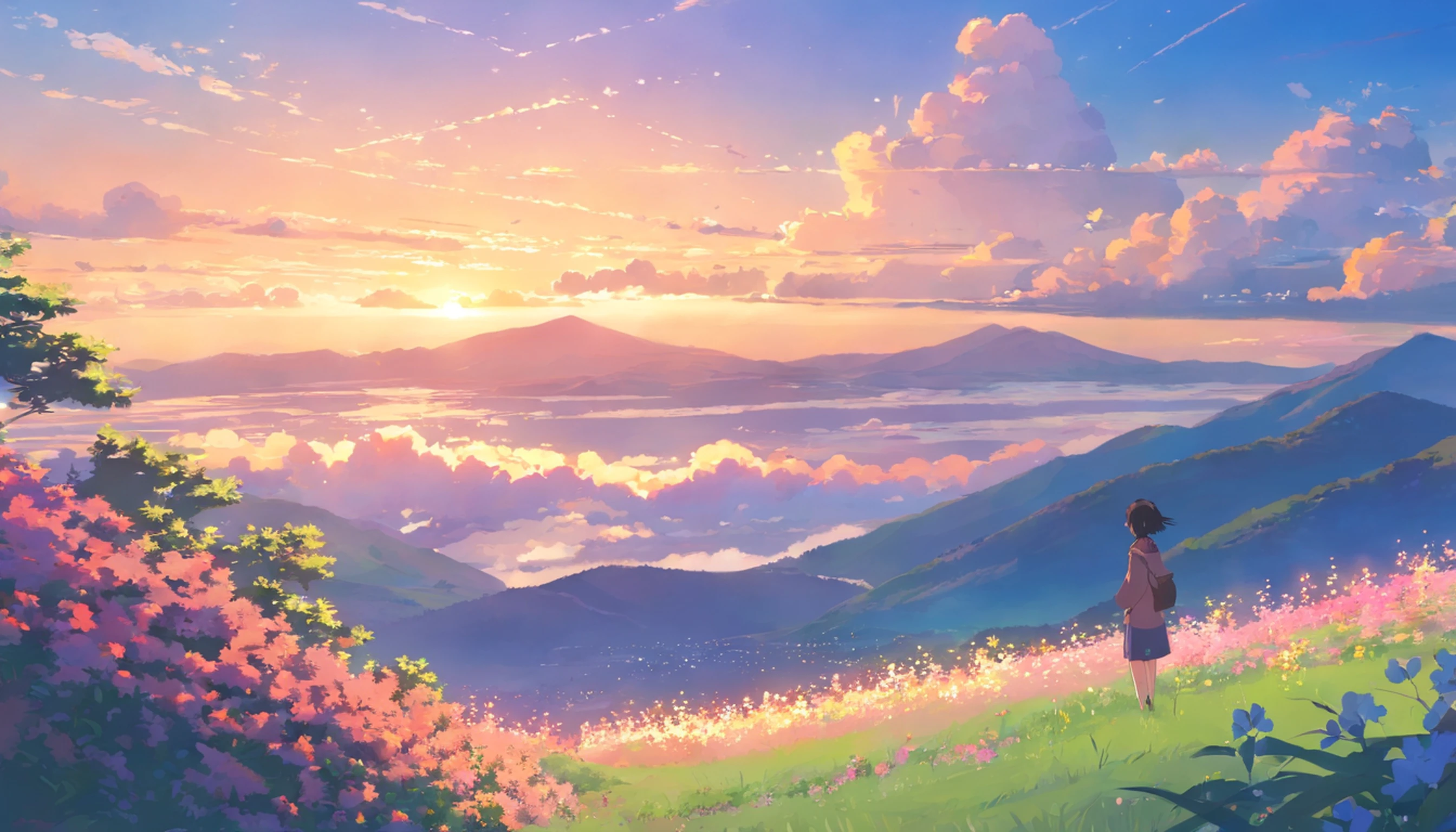 Warm scent, Gorgeous, Dark, life, Nature, Flowers, water, Gorgeous tree,Mountain, Valles, Heavy fog, spectral,magic, cheerfulness,relaxing, lofi, Sunset, cozily, superior, Artistic, Clouds, Dynamic, rich composition, Intricate, Detailed, ,landscape, Digital art, Love, Colorful, Sky clouds,Beautiful sky,, accommodate,