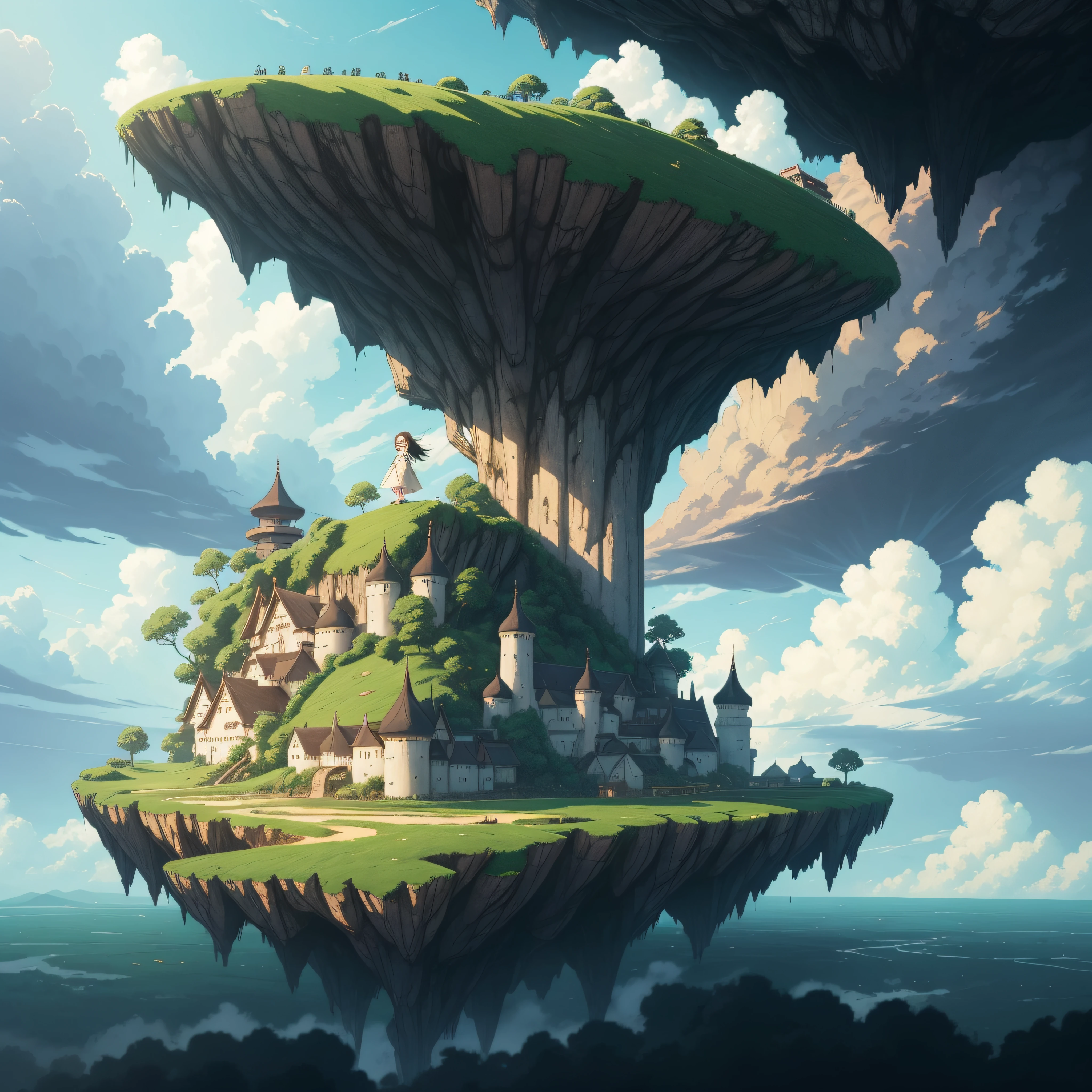 She's just a simple girl who works on a farm. She lives in difficult times., It's the Dark Ages. , Crazy World, Floating islands, cloud castles, (Best Quality:1.3), (hight resolution:1), (Detailed:1.3), (unbelievable:1.3), (Perfect:1.3), (Perfection:1.3), (Volume Cover Art:0), (Illustration:1.3), art by studio ghibli --auto