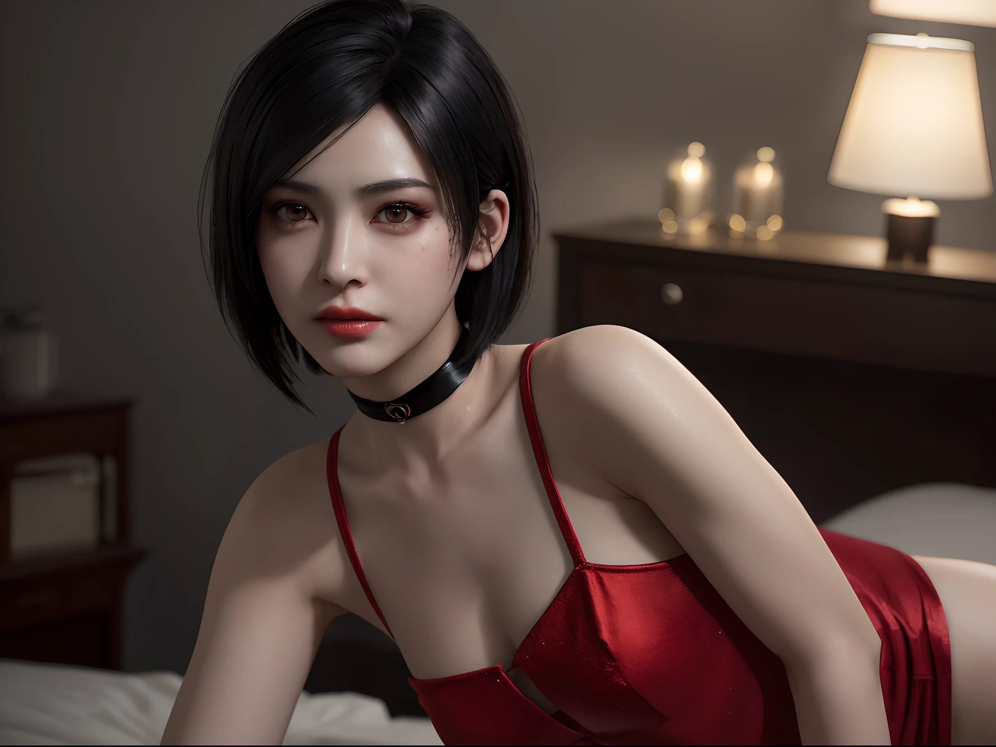 1girl, ((portrait)) of beautiful ADAWONG, looking at viewer, black hair, short hair, ((red dress)), black choker, transparent black stocking, side slit, blush, blotchy makeup, trending on Artstation, ada, realistic, athletic night, highly detailed skin, warm skin tone, ((frowning)), ((pouting)) highly detailed face, highly detailed pupils, highly detailed iris, RAW photo, best quality, high resolution, ((masterpiece)), tonemapping, photorealistic, realistic, professional photography, sharp focus, HDR, 8K resolution, intricate detail, sophisticated detail, hyper detailed, (depth of field), highlight and shadow, volumetric lighting, night lighting, professional light, ,bedroom, highly detailed background, bokeh,
