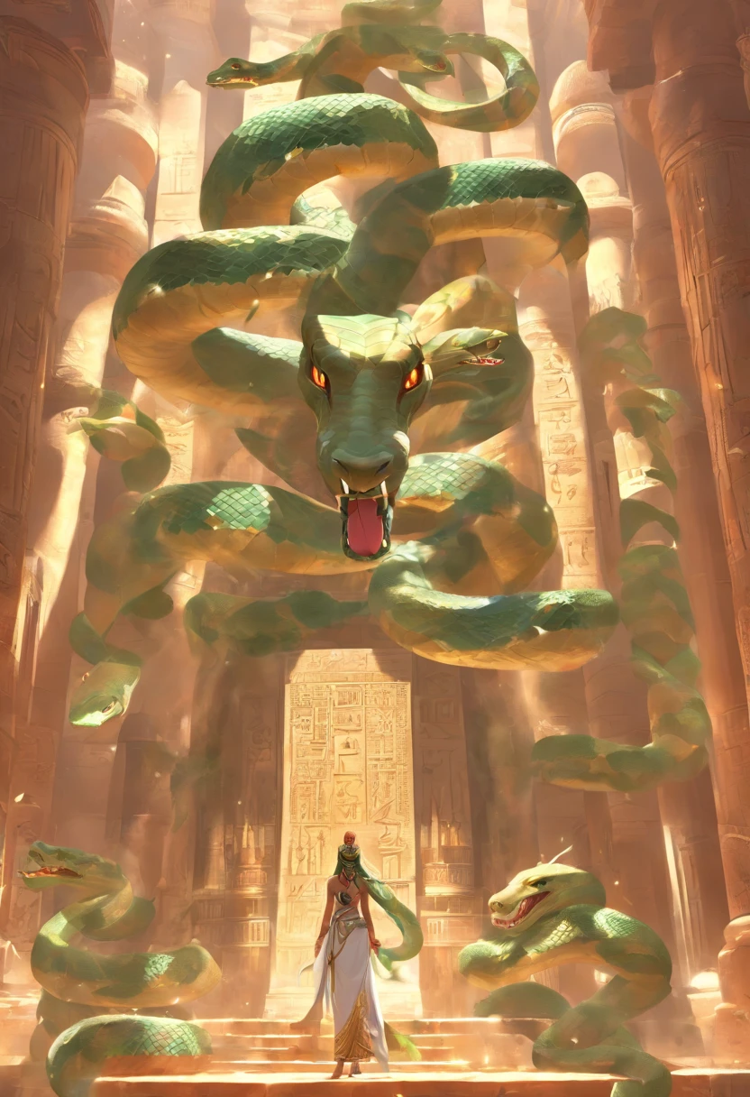 (((serpent face))) best quality, very high resolution, 4K detailed CG, masterpiece, Egyptian mythology, Renenutet, snake goddess, sun in the background, Ancient Egypt, standing pose, serpent face, white clothes , Egyptian clothing , Egyptian temple, desert, Ancient Egypt, ((serpent head)), Egyptian palace, aesthetics, beautiful image, centered on screen, standing pose