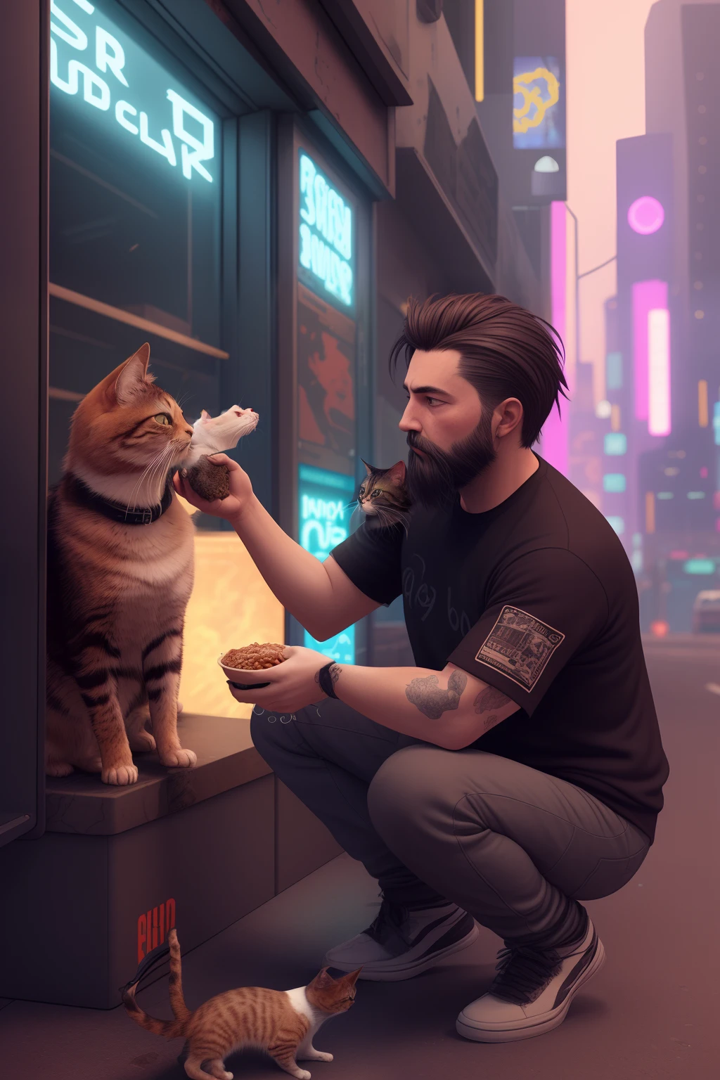 A shortcut hair guy with a beard In a cyberpunk universe feeding a cat and feeling sad