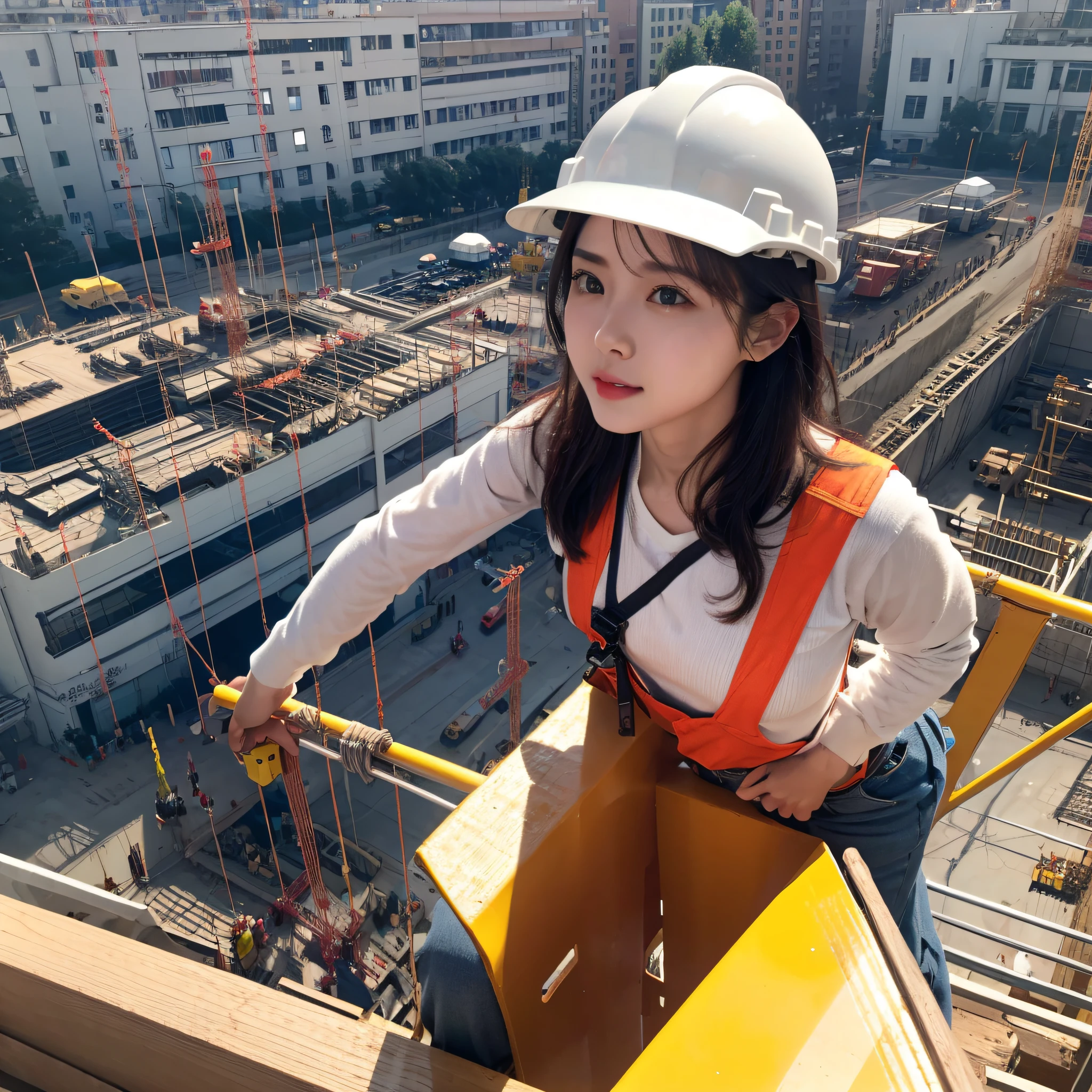 1 constructor woman, cute, assembling scaffolding at a construction site, climbing to a high place, close up