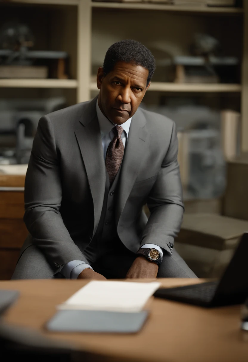 denzel Washington, sitting on a desk, wearing a gray suit, captured with nikon850 camera