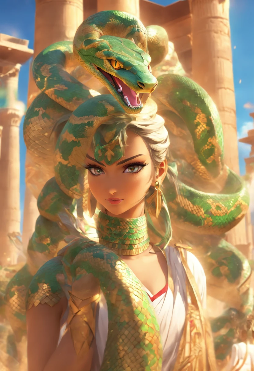 (((serpent face))) best quality, very high resolution, 4K detailed CG, masterpiece, Egyptian mythology, Renenutet, snake goddess, sun in the background, Ancient Egypt, standing pose, serpent face, white clothes , Egyptian clothing , Egyptian temple, desert, Ancient Egypt, ((serpent face)), Egyptian palace, aesthetics, beautiful image, centered on screen, standing pose