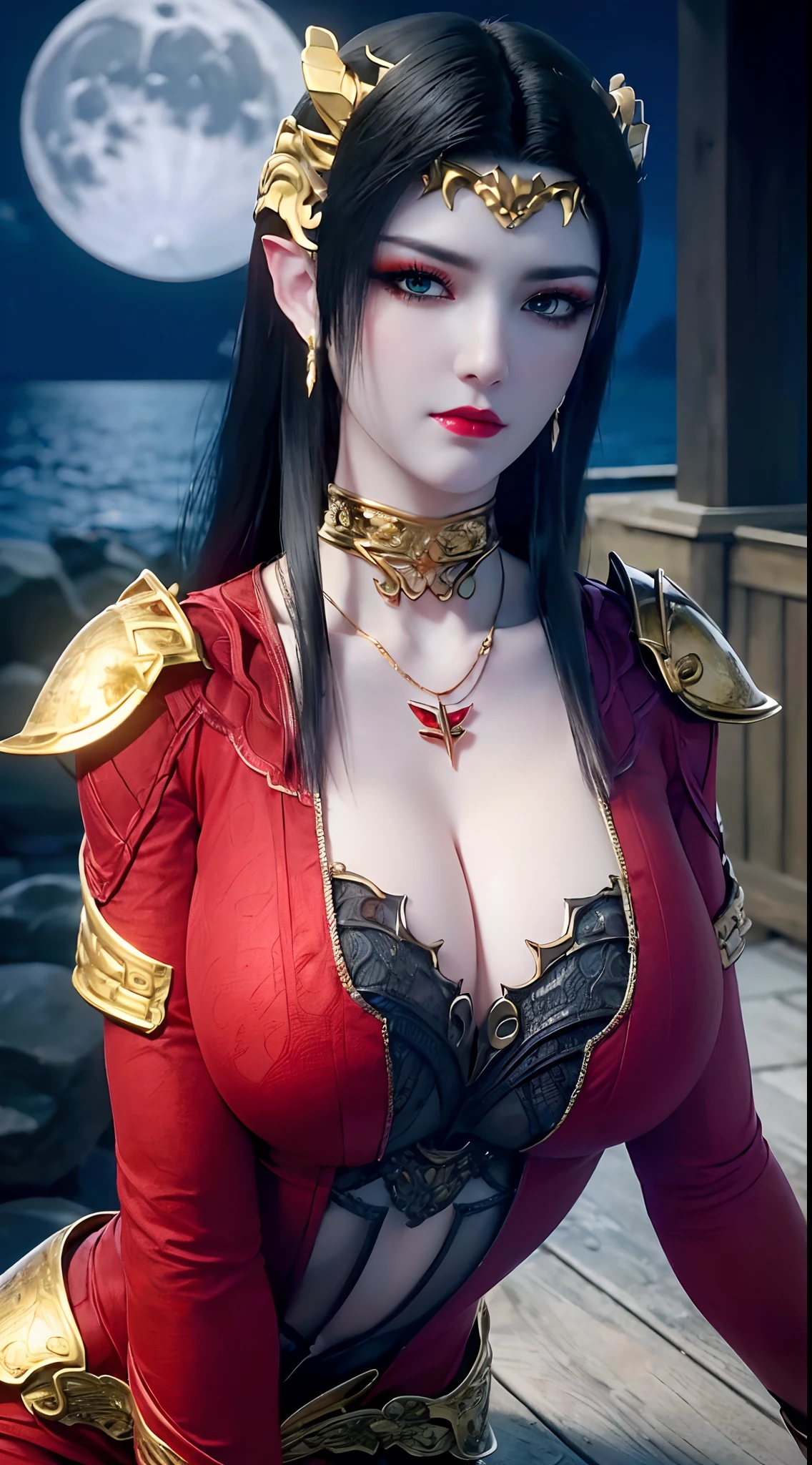 1 extremely beautiful queens,((wearing sexy red and black armor :1.6)), (((Eye-catching patterns on the shirt:1.6))), ((long black hair:1.6)), jewelry elaborately made from precious stones and beautiful hair, ((wearing a 24k gold lace necklace:1.4))), the noble, noble style of an extremely beautiful girl, her small face is super cute, her face is very pretty, thin eyebrows, flawless beautiful face, ((black eye pupils: 0.8)), very beautiful eyes, ((platinum blue eyes: 1.6)), (((eyes wide open:1.6))), nice makeup and hair detailed eyelashes, steamy eye makeup, high nose, earrings, red lips, ((closed mouth: 1.5)) beautiful lips, slim hands, most beautiful thighs, ((arms spread out to the sides: 1.5)), rosy face, clean face, flawless beautiful face, smooth white skin, (big breasts: 1.5)), ((high breasts: 1.6)), (huge breasts:1.3), beautiful cleavage, (((big breasts and super round: 1.8))), ((super tight breasts: 1.7)) , beautiful breasts, perfect body, back arms, chest out, thin black mesh stockings with black lace trim, 8k photo, super high quality, super realistic, super 10x pixels, optical, bright studio, bright edges, dual-tone lighting, (high-detail skin:1.2), super 8k, soft lighting, high quality, volumetric lighting, photorealistic, photorealistic high resolution, lighting, best photo, 4k, 8k quality, blur effect, smooth sharp, 10 x pixel, ((sea and moonlight at night background:1.5)), aurora, lightning, super graphics realistic, most realistic graphics, 1 girl, alone, solo, Extremely sharp image, surreal, (((frontal portrait: 1)))."