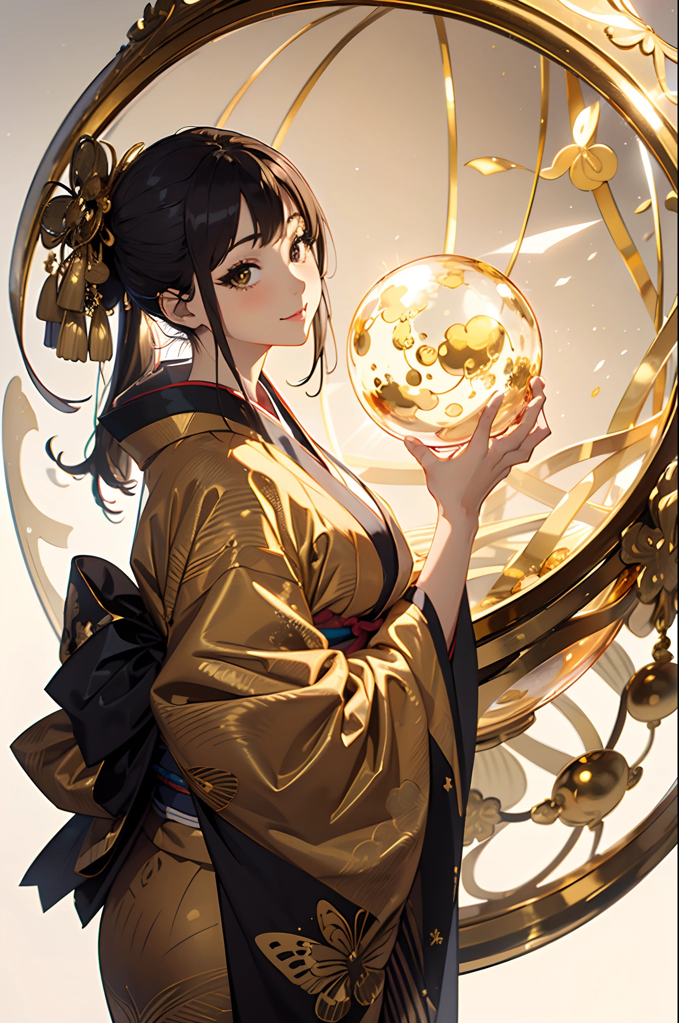 (masterpiece1.5),hyper quality, Hyper Detailed,Perfect drawing,(((Beautiful girl in kimono kissing huge golden sphere)))、1girl in,A dark-haired、poneyTail、Red ribbons、hanging eyes but cute、Samurai attire、Samurai、very Bigger breasts,kawaii ,With smiling eyes,Beautiful gold kimono,(Beautiful golden luxury lingerie),(Luxurious golden kimono), (((Shiny giant golden sphere))),(((Latex Skinny
kimono))),((Oily Shiny Kimono)),((shinny skin)),((Oily skin)),。.3D,16K illustrations,((clearface)),Hi-Res,nice background、(((beatiful backgrounds)))、(((Detailed drawing)))、Perfect Beautiful Girl、(((Perfect Photo)))、kirakira、shiny、illustrious、golden colored、gold、Golden Jade、Dazzling、Reflectors、a gorgeous、high-class sense