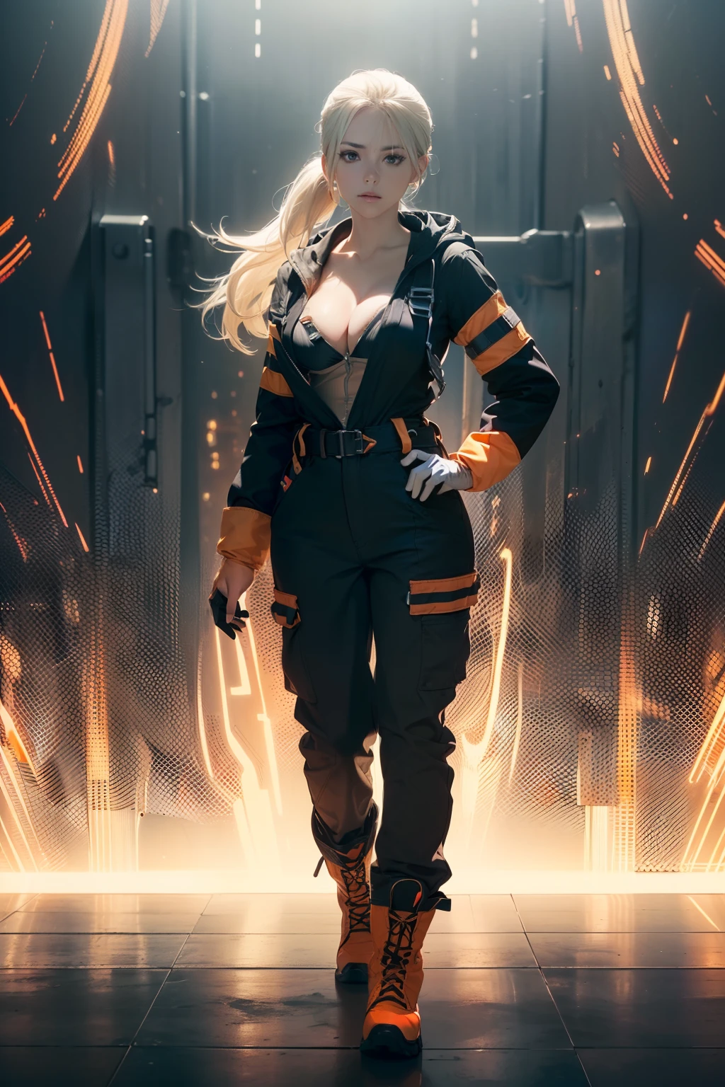 ((masterpiece, best quality, cinematic, photorealistic, ultra-detailed)), ((wide shot, full body view:1.5)), ((perfect anatomy, perfect eyes, perfect hands, large cleavage, round legs, round ass:1.2)), ((female mechanic)), ((black coveralls with bright orange accents, reflective strips, a built-in belt, and a detachable hood)), ((steel-toed work boots, mechanic gloves, and a tool belt)), ((platinum blonde hair, long hair tied into a low ponytail to fit comfortably under the hood)), ((sensual pose)), ((dynamic background)), ((leaning against the wall))