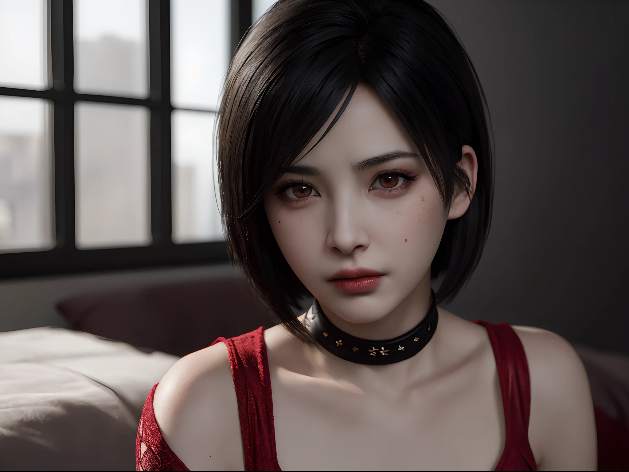 1girl, ((portrait)) of beautiful ADAWONG, looking at viewer, black hair, short hair, ((red dress)), black choker, transparent black stocking, side slit, blush, blotchy makeup, trending on Artstation, ada, realistic, athletic night, highly detailed skin, warm skin tone, ((frowning)), ((pouting)) highly detailed face, highly detailed pupils, highly detailed iris, RAW photo, best quality, high resolution, ((masterpiece)), tonemapping, photorealistic, realistic, professional photography, sharp focus, HDR, 8K resolution, intricate detail, sophisticated detail, hyper detailed, (depth of field), highlight and shadow, volumetric lighting, golden hours lighting, professional light, ,inside a cafe, beside a window, highly detailed background, bokeh, sfw,