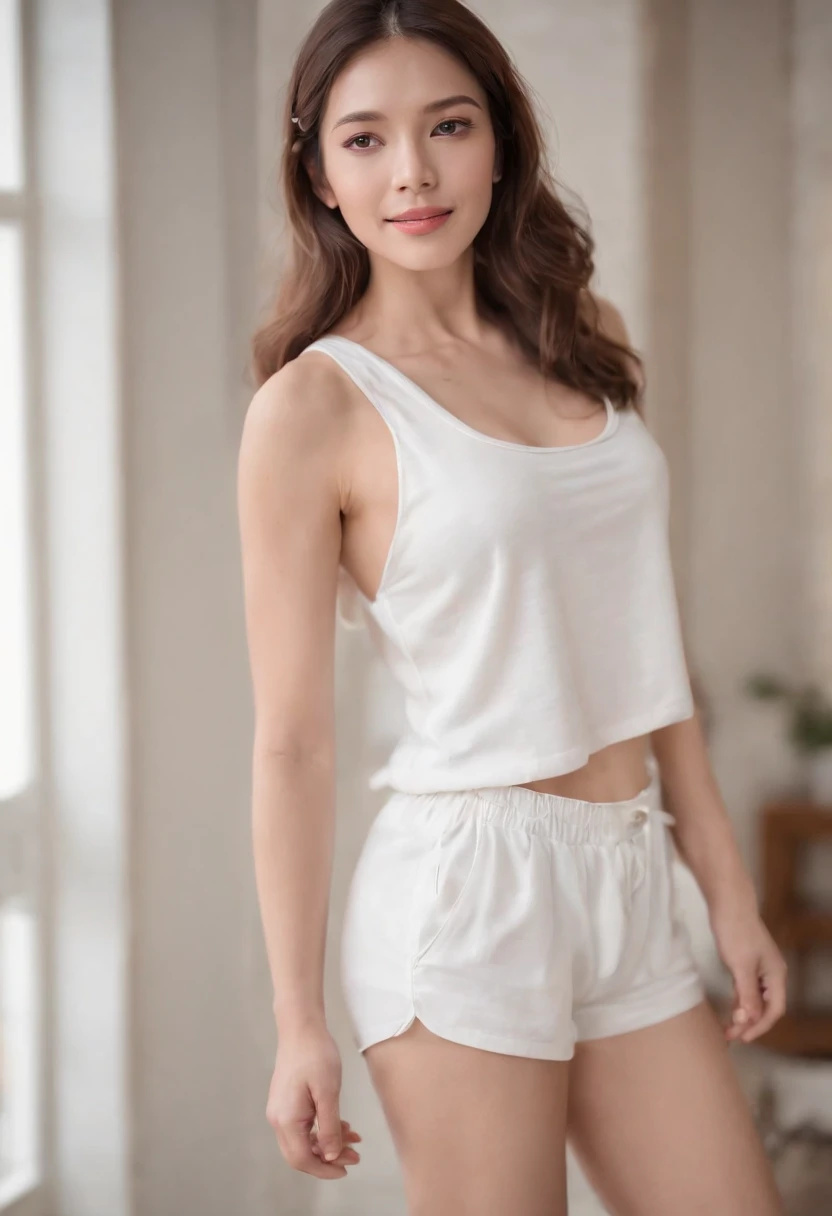 (8K, Best Quality, High Resolution: 1.2), (Realistic, Photorealistic: 1.37), Keiko Kitagawa, 1 Girl, Solo, Brown Hair, Realistic Long Hair, Lips, Viewer, Brown Eyes, Standing, Detailed Eyes, Full Body, A Little Larger Breasts, Wet and Sheer White The Most Snug-Fitting Fairly Short Tank Top, White Micro Mini Skirt, Thin, White I-front panties that are rolled up and clearly visible, most clearly protruding, no bra, angle viewed from below