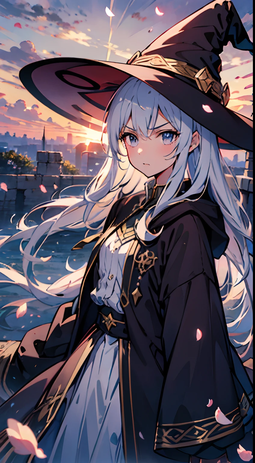 1girll，the sunset，Skysky，A princess，Scattered petals，illustration，CG art，tmasterpiece，high qulity，depth of fields，Storytelling images, angry expression, witch clothes