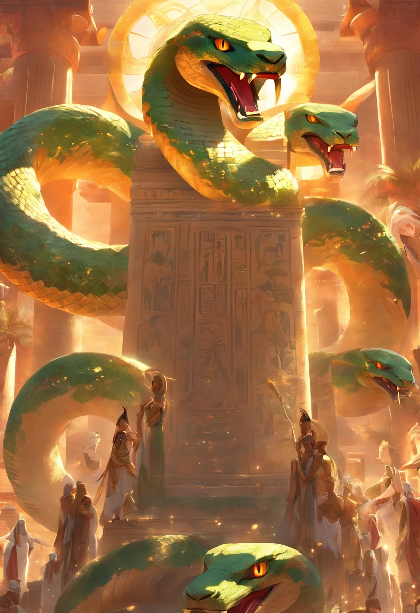 (((serpent face))) best quality, very high resolution, 4K detailed CG, masterpiece, Egyptian mythology, Renenutet, snake goddess, sun in the background, Ancient Egypt, standing pose, serpent face, white clothes , Egyptian clothing , Egyptian temple, desert, Ancient Egypt, ((serpent head)), Egyptian palace, aesthetics, beautiful image, centered on screen, standing pose