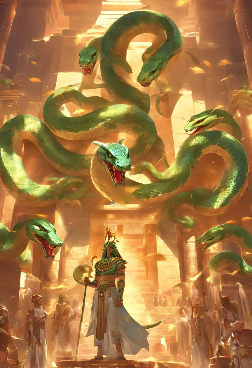 (((serpent face))) best quality, very high resolution, 4K detailed CG, masterpiece, Egyptian mythology, Renenutet, snake goddess, sun in the background, Ancient Egypt, standing pose, serpent face, white clothes , Egyptian clothing , Egyptian temple, desert, Ancient Egypt, ((serpent head)), Egyptian palace, aesthetics, beautiful image, centered on screen, standing pose