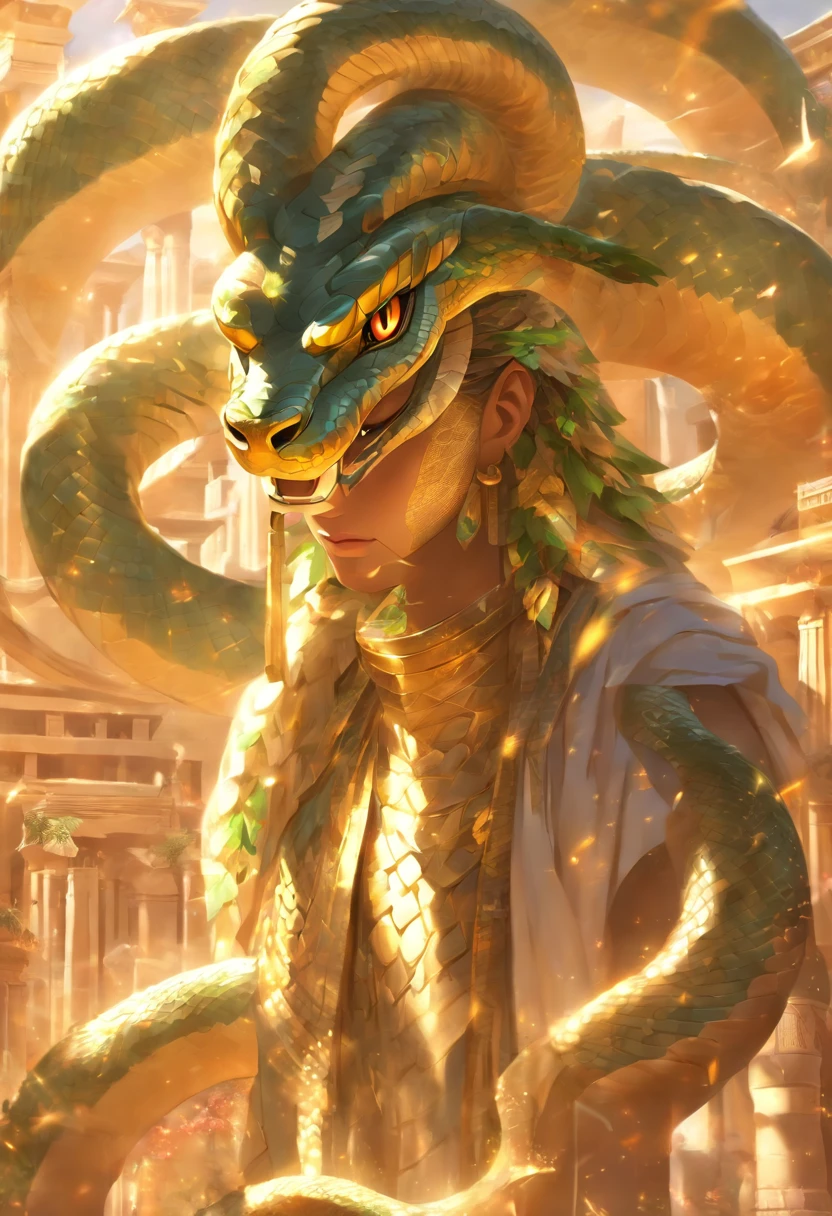 (((serpent face))) best quality, very high resolution, 4K detailed CG, masterpiece, Egyptian mythology, Renenutet, snake goddess, sun in the background, Ancient Egypt, standing pose, serpent face, white clothes , Egyptian clothing , Egyptian temple, desert, Ancient Egypt, ((serpent face)), Egyptian palace, aesthetics, beautiful image, centered on screen, standing pose