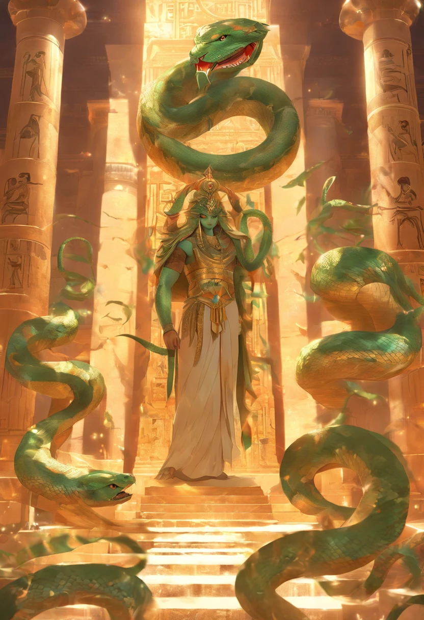 (((serpent face))) best quality, very high resolution, 4K detailed CG, masterpiece, Egyptian mythology, Renenutet, snake goddess, sun in the background, Ancient Egypt, standing pose, serpent face, white clothes , Egyptian clothing , Egyptian temple, desert, Ancient Egypt, ((serpent face)), Egyptian palace, aesthetics, beautiful image, centered on screen, standing pose