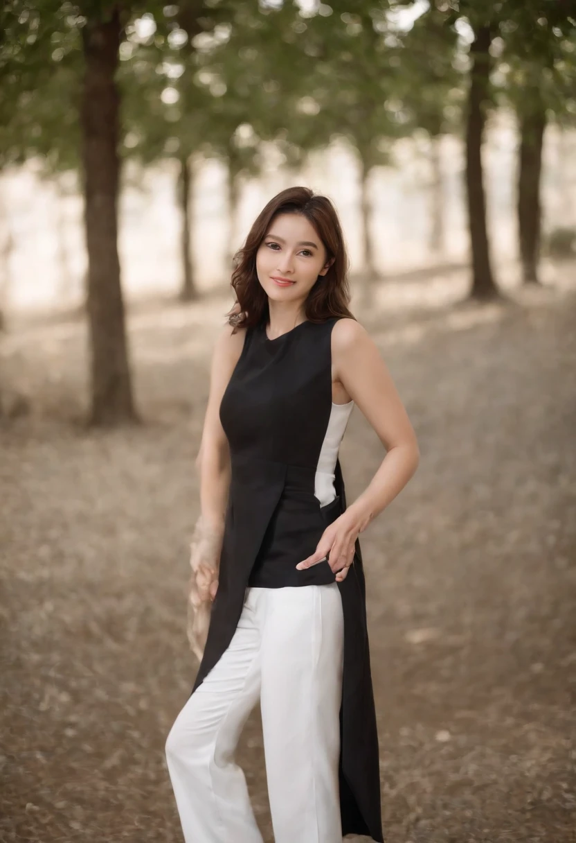 40-year-old woman, A MILF, RAW photos, bokeh , (realisticlying:1.4), 8k wallpaper, slender body, d-cup breasts, ssmile, digital SLR camera, gentlesoftlighting, high high quality, Black vest,White 7-point pants,full bodyesbian, parks, standing on your feet,Elevation viewing angle
