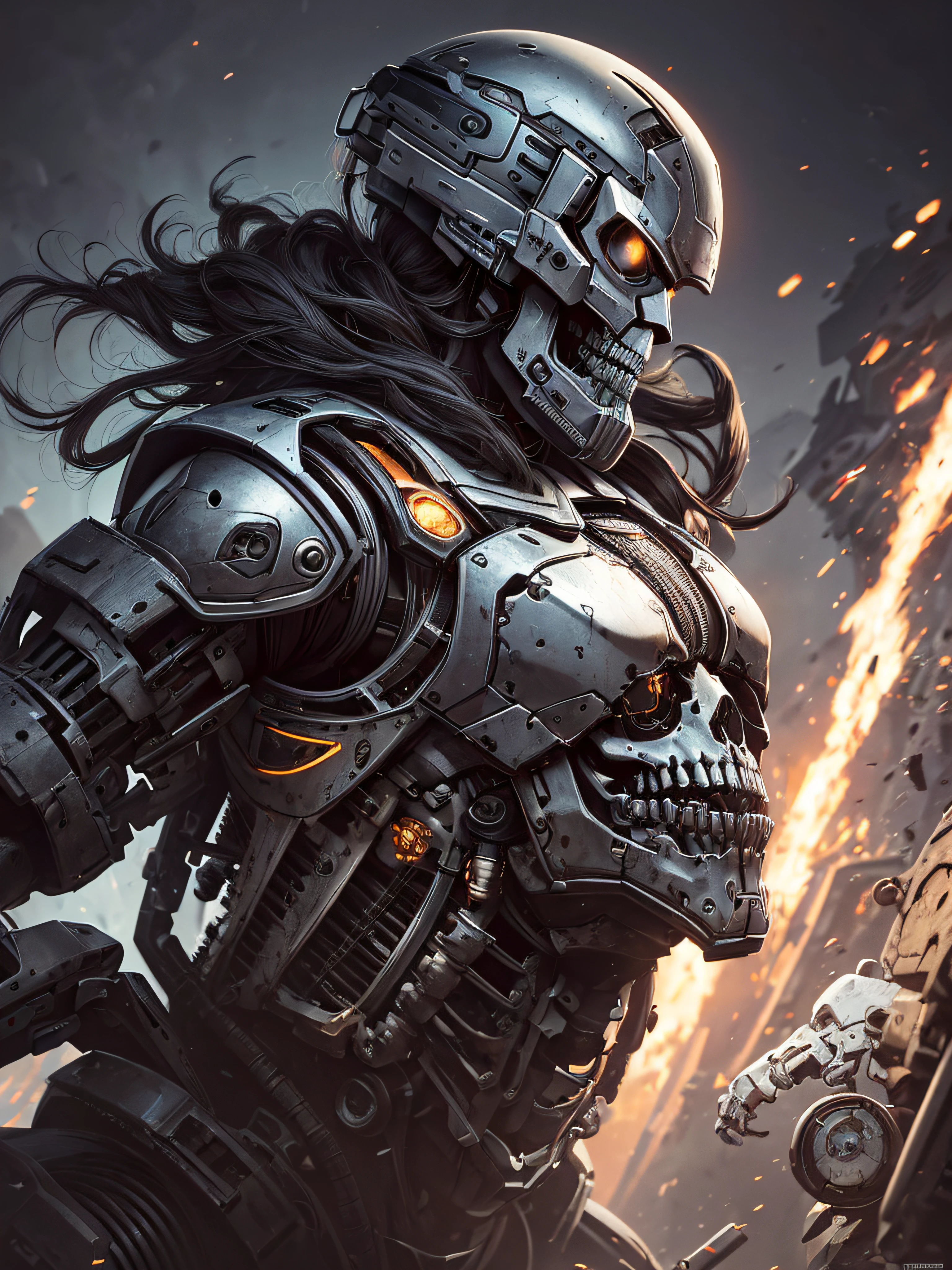 Action packed, a woman wearing metal accessories and a robotic skeleton, in the style of realistic hyper-detailed portraits, raphael lacoste, caras ionut, filthy sculptures, 32k uhd, richard corben, close-up, maximalism style, grafitty style