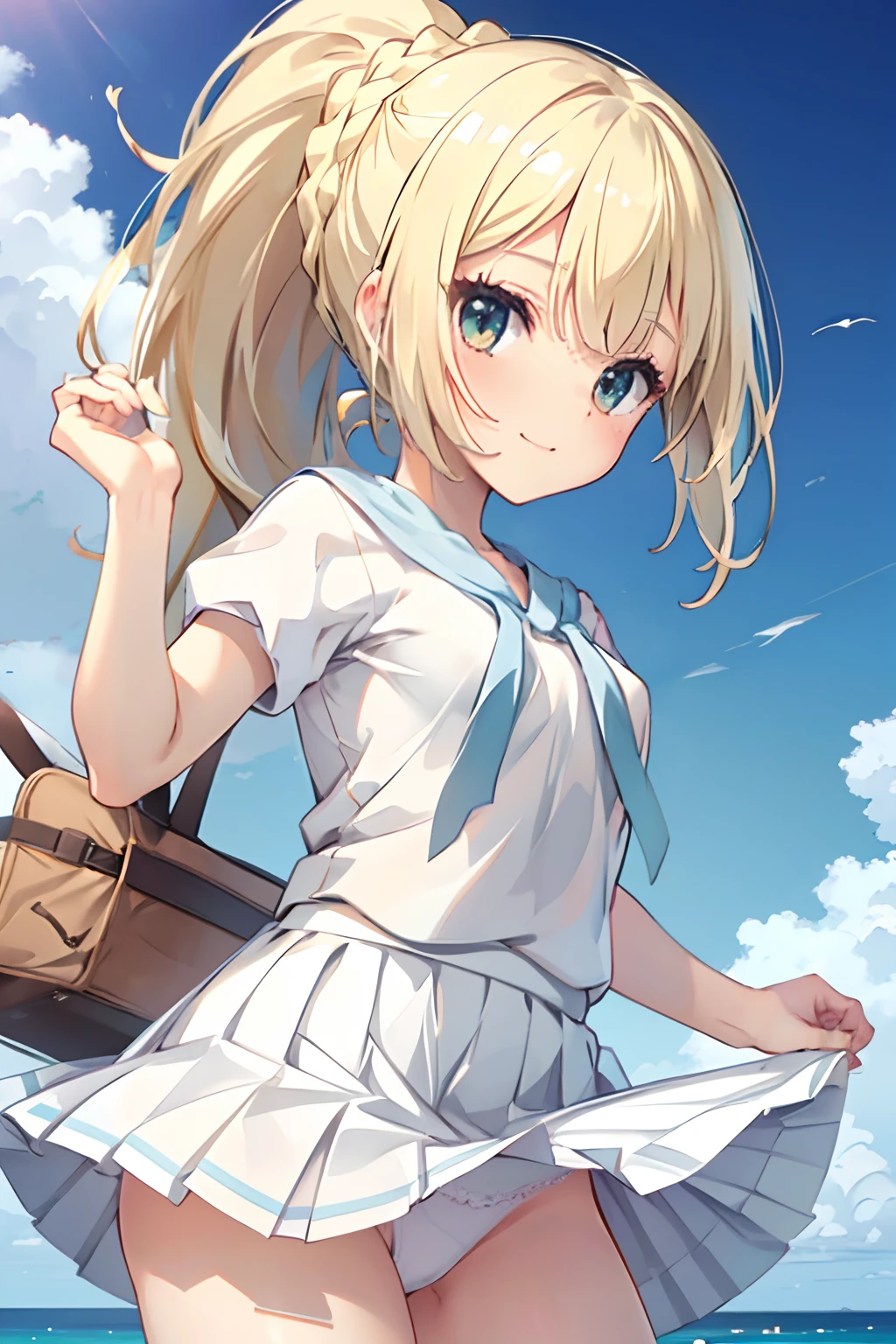 NSFW,a blond,Alily, Long hair, Ponytail, french braids, White shirt, Short sleeves, White skirt, Pleated skirt,nimbly,White panties,beautiful ocean,Smile with closed mouth,Top image quality,masutepiece,Best Quality