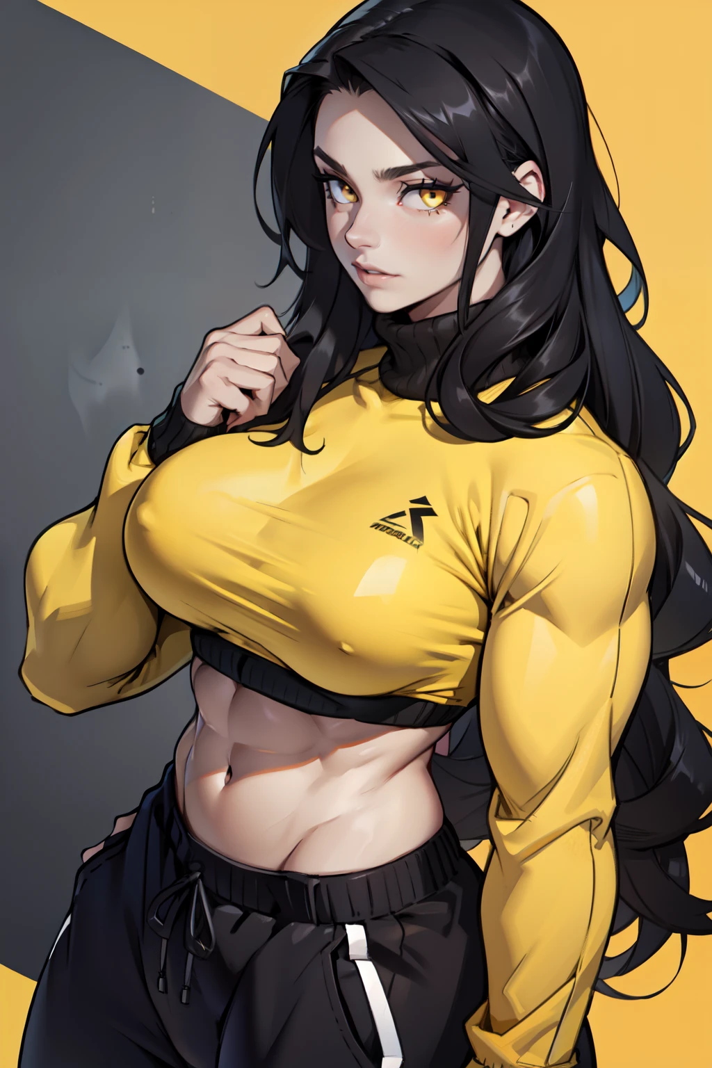 ((1girl bodybuilder)) pale skin black hair very long hair yellow eyes large breasts long sweater sweatpants midriff