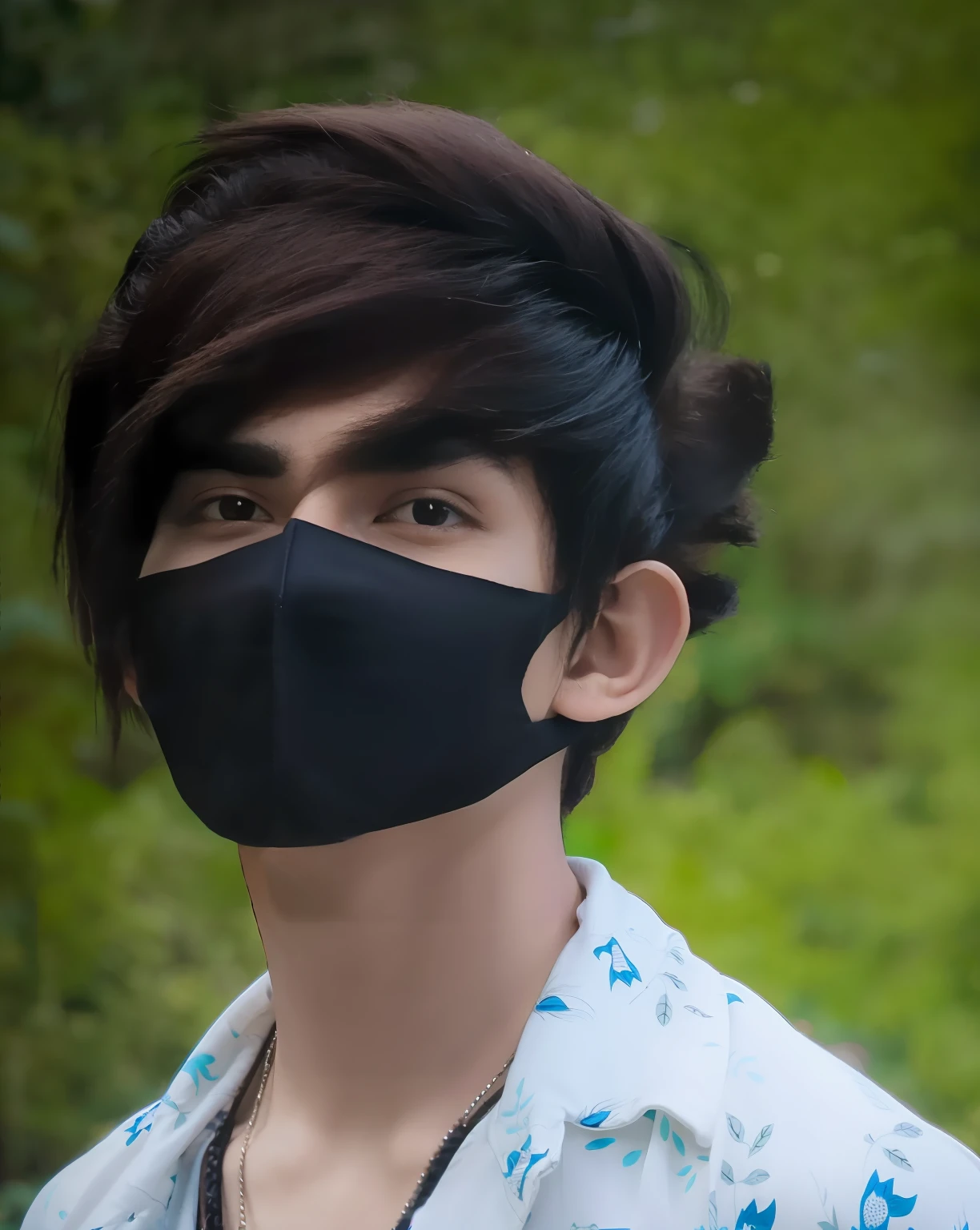 arafed man wearing a black mask and a blue floral shirt, wearing all black mempo mask, facemask, black facemask, wearing mask, mask, wearing facemask, with accurate face, good looking face, white man with black fabric mask, one single mask, some of them use gask mask, face mask, no face mask, black mask