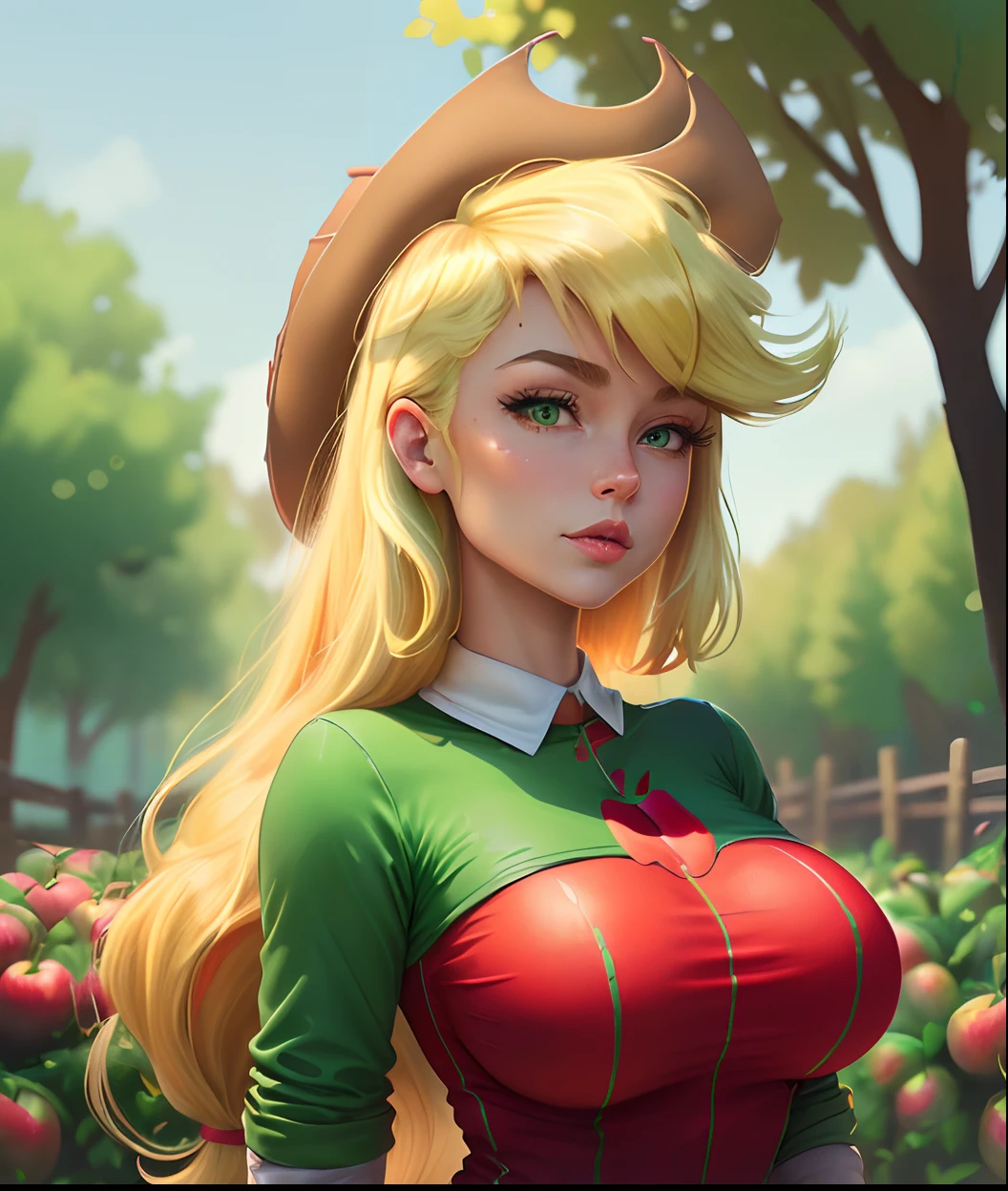 AppleJack, AppleJack from my little pony, AppleJack in the form of a girl, long hair, lush hair, steampunk, steampunk machinery, golden gears, not human, gear leather, cowboy boots, full-length, cowboy hat, apple earrings, on a farm with apple trees, steampunk style, a lot of magic, lightning nets, best quality, very detailed, ultra 8k resolution, (cum on clothes:1.3), oral, blowjob, ((fellatio)), irrumatio, looking at viewer, sucking penis, frickles, forced, blush, ((leggings)), slut, struggling, (hand on head), degraded, Tied shirt, abs, sweat, tears, blush, oiled skin, multiple frames