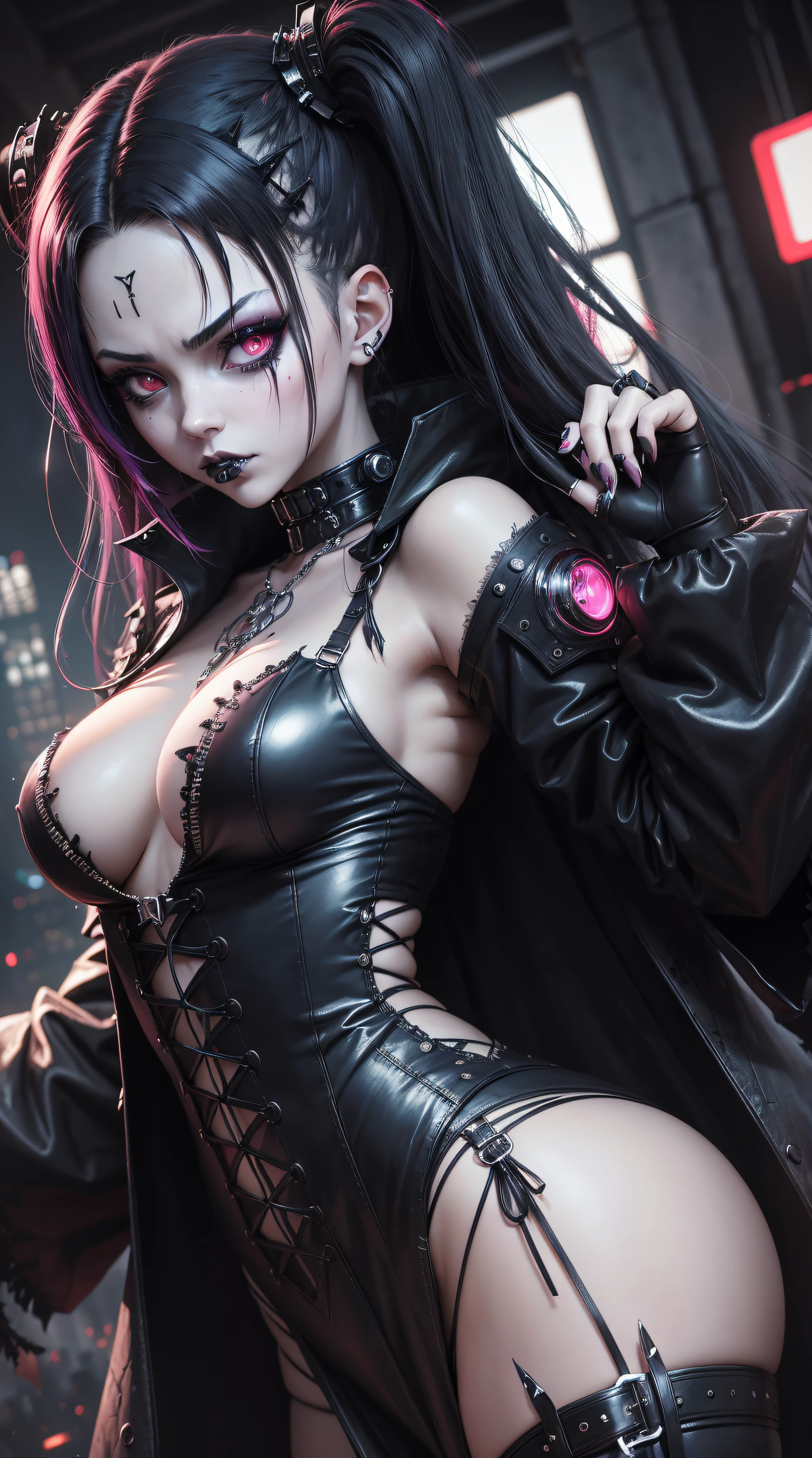 a close up of a person with a weird face and nails, gothic maiden anime girl, gothic - cyberpunk, cyberpunk horror style, gothic art style, detailed digital anime art, gothic art, demon anime girl, gothic girl face, anime style 4 k, dark art style, anime cyberpunk art, gothic aesthetic, 1 7 - - old me goth girl, gothic horror vibes