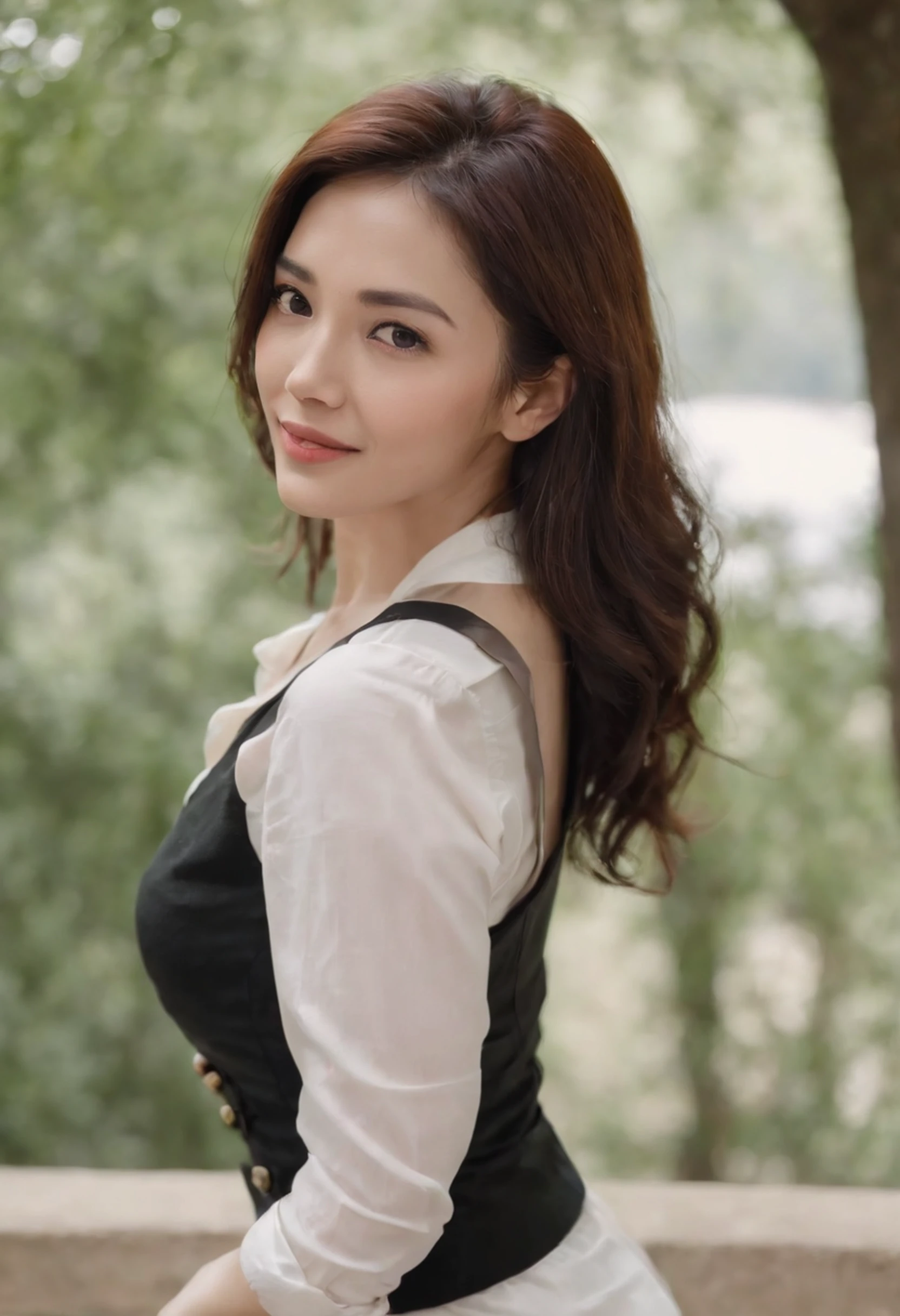 40-year-old woman, A MILF, RAW photos, bokeh , (realisticlying:1.4), 8k wallpaper, slender body, d-cup breasts, ssmile, digital SLR camera, gentlesoftlighting, high high quality, Black vest,White 7-point pants,full bodyesbian, parks, standing on your feet,Elevation viewing angle