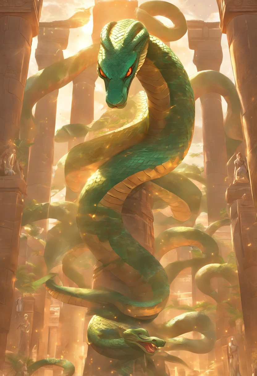 (((serpent head))) best quality, very high resolution, 4K detailed CG, masterpiece, Egyptian mythology, Renenutet, snake goddess, sun in the background, Ancient Egypt, standing pose, snake face, white clothes , Egyptian clothing , Egyptian temple, desert, Ancient Egypt, ((serpent face)), Egyptian palace, aesthetics, beautiful image, centered on screen, standing pose