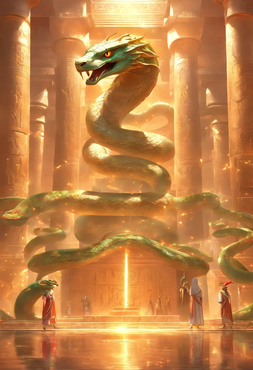 (((serpent head))) best quality, very high resolution, 4K detailed CG, masterpiece, Egyptian mythology, Renenutet, snake goddess, sun in the background, Ancient Egypt, standing pose, snake face, white clothes , Egyptian clothing , Egyptian temple, desert, Ancient Egypt, ((serpent face)), Egyptian palace, aesthetics, beautiful image, centered on screen, standing pose