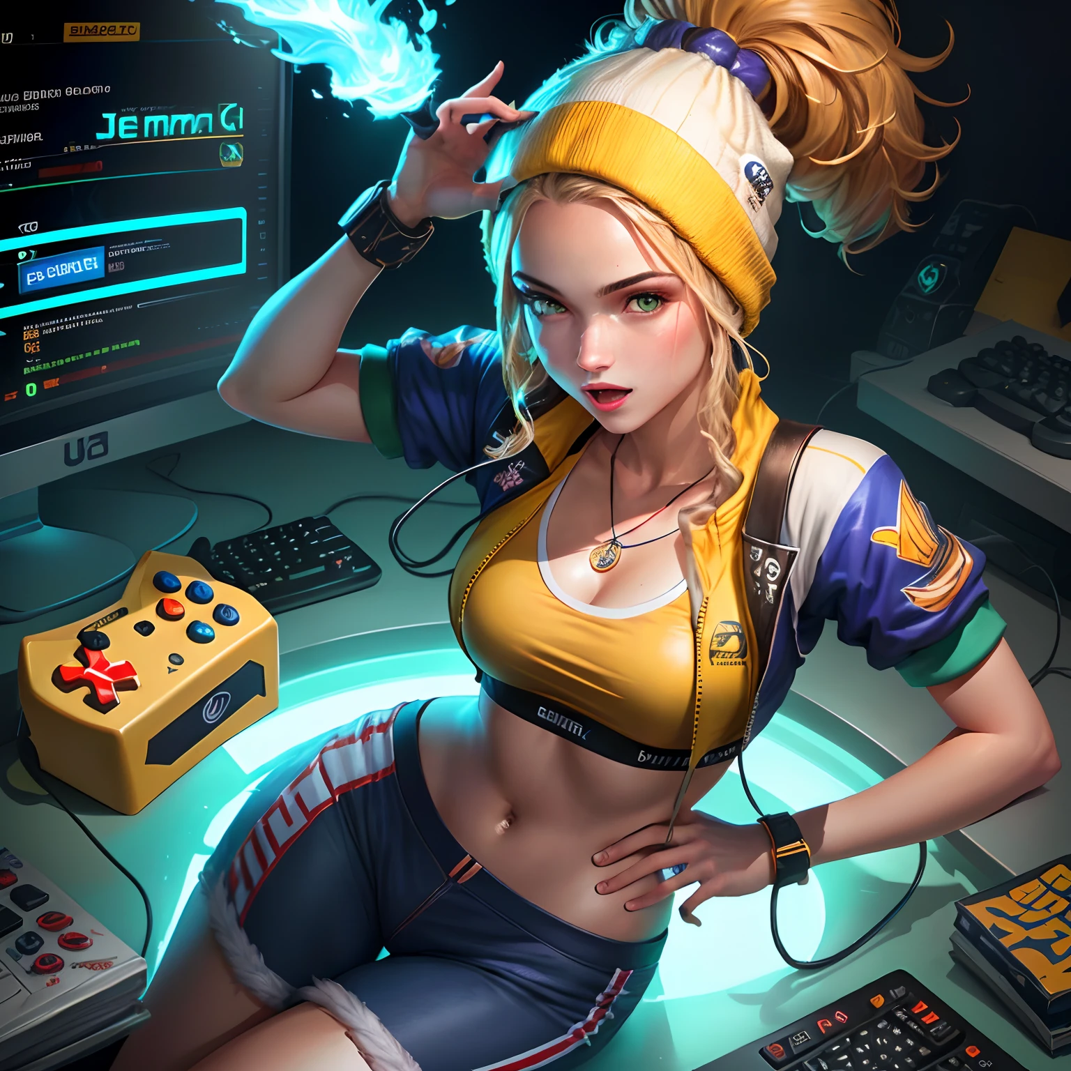 Uma imagem de uma moeda bitcoin com elementos de jogos, como um joystick ou personagens de jogos no verso.