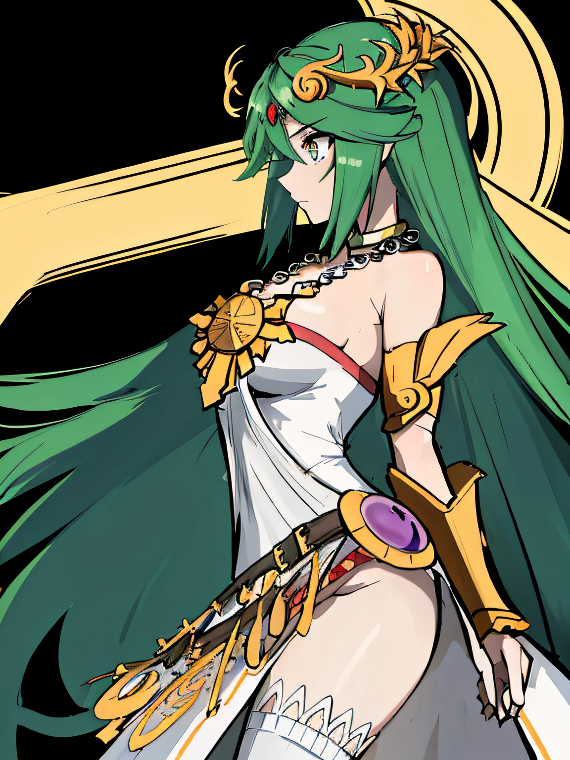 (absurdres, 8k, 4k, masterpiece, hyper extreme detailed:1.2), solo, 1girl, side view portrait, best quality, expressive eyes, perfect face, 1girl, portrait, solo, Female, mature female, adult, hmpa1, palutena, parted bangs, tiara, large breasts, necklace, bare shoulders, strapless dress, vambraces, belt, white dress, white thighhighs, single thighhigh,