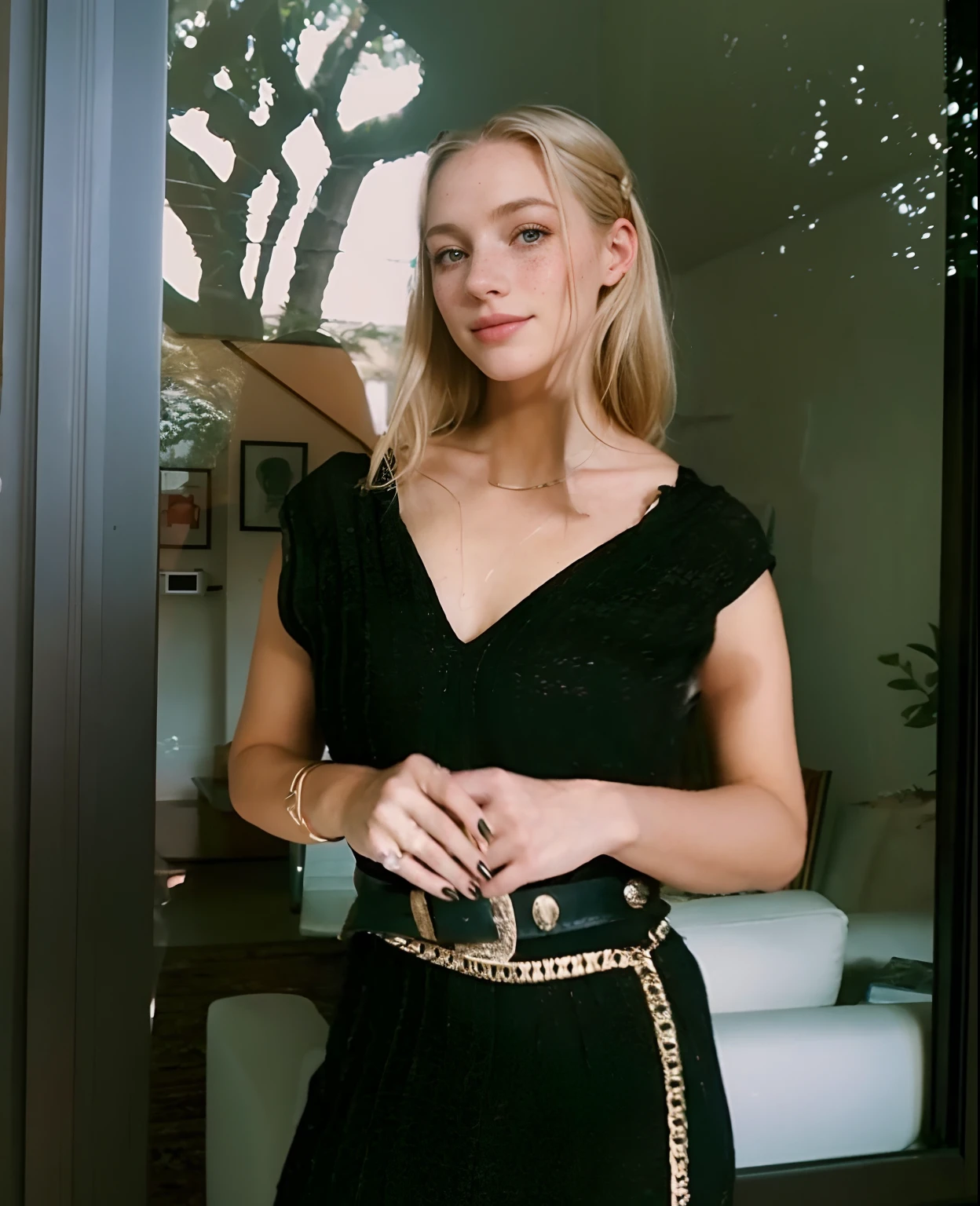 Rosto de uma mulher, americana, 25 anos, pale skin and freckles, olhos cinzas, nariz delicado, soft and delicate lips, cabelo blondie cinza longo e ondulados, sorriso meigo,
