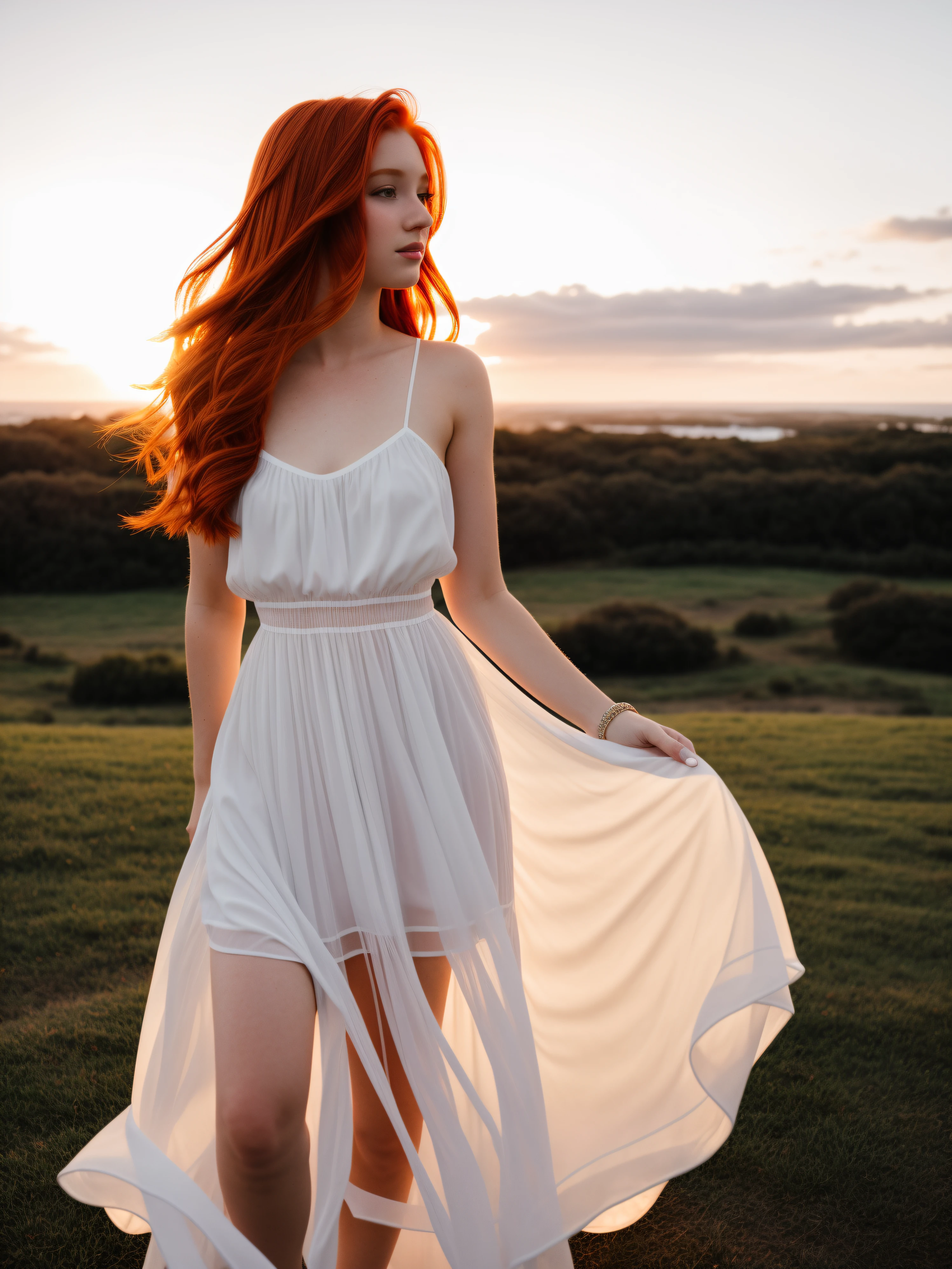 redhead girl, 22 years old, sunset, white sheer sundress, form revealed by light