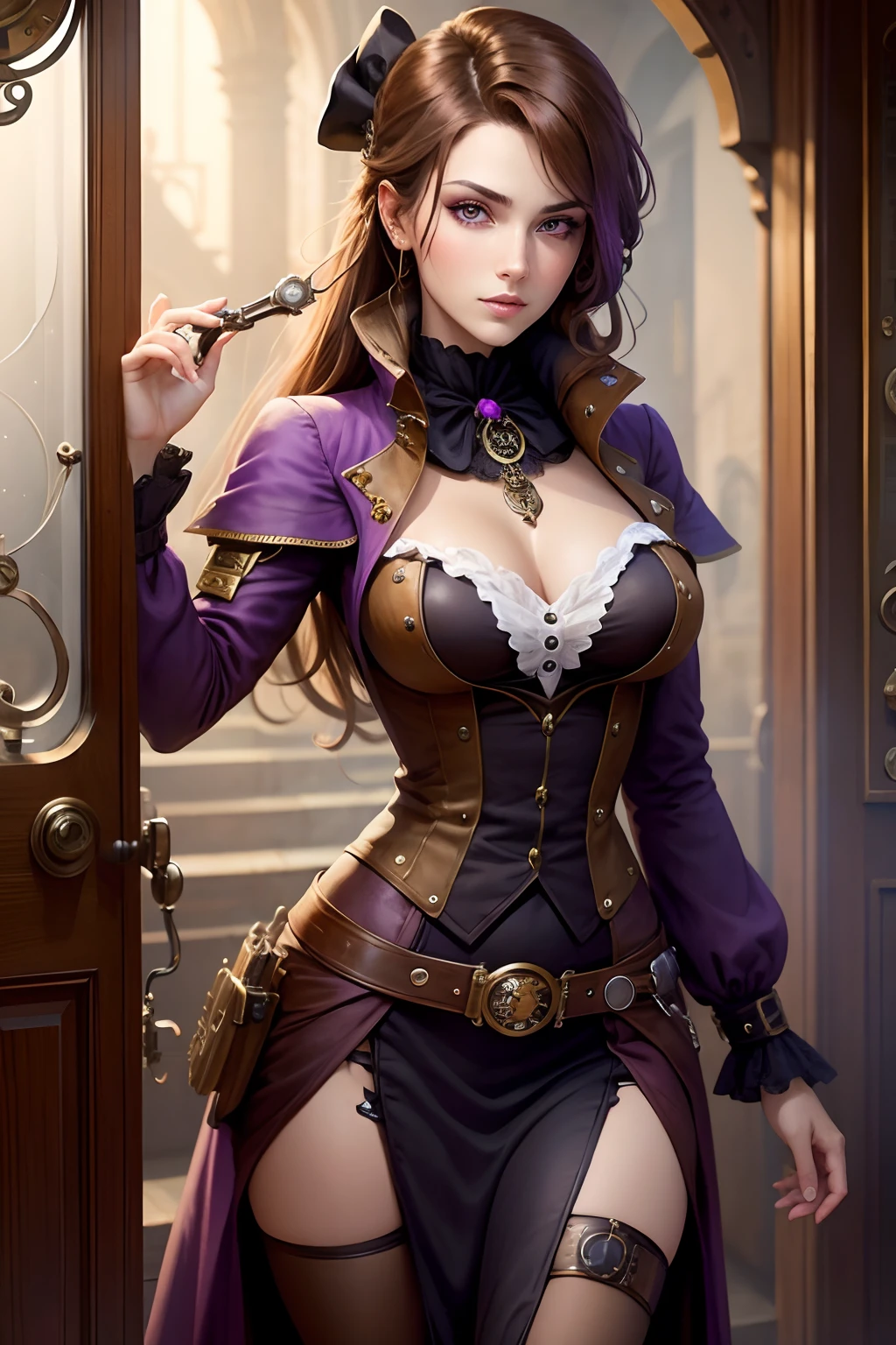 woman with brown hair and purple eyes, Steampunk style