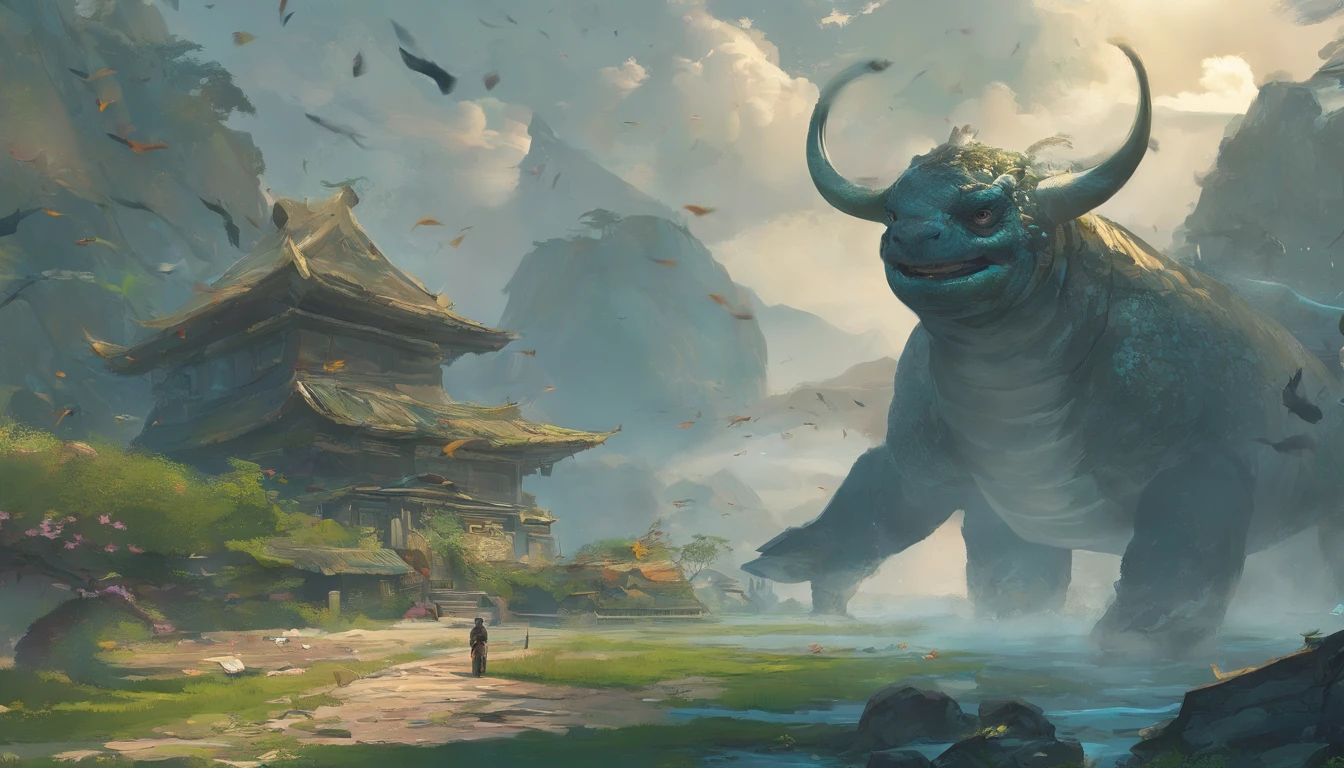 china style,Chinese mythology,Dragon Turtle,faucet,angled,((Tortoise body)),Giant tortoise shell,(Heavy turtle shell:1.4),Snaketail grows,the presence of horns on the head,tosen,Fierce,immensity,Eyes emit blue light,mare,Huge waves,Surrounded by clouds,中景 the scene is,As a whole body, Highly detailed surreal VFX,OC rendering,model shoot tyle, (Very detailed CG 8k wallpaper,Its head resembles that of a seal (About twice as large) And when his body々Affected by very noticeable ripples, It is the last, His back is covered with a kind of saw teeth: Its length is about 20 meters (minimum value), Its color is gray and black; Its head resembles that of a seal (With about twice the dimensions) And when his body々Affected by very sharp ripples, At last、Its back is covered with a kind of saw teeth: By this、Similarity with seals is eliminated、The similarity with Edbrink Dyne's painting stamp is eliminated, Atey Ghailan, Ghibli Studio, De Jeremy Mann, Greg Manshadinho, Antonio Moro, Trending in art stations, trend at CGSociety, Convoluted, high detal, foco nítido, Dramatic, Mid-Journey and Art Painting by Greg Rutkowski, Teal and Gold, flower petals, field, actionpose, Casting a spell, Green Rhodopimagic