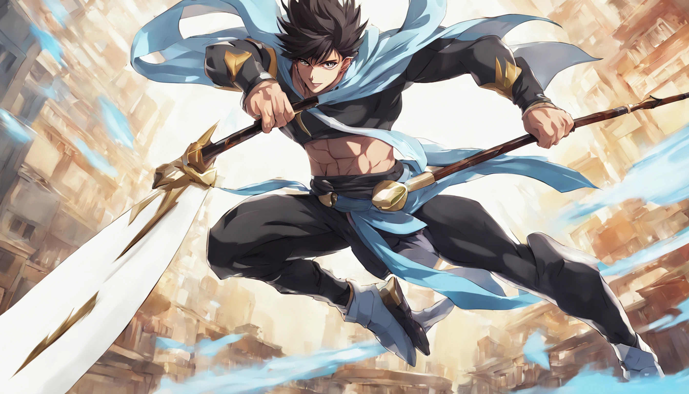 Fresco, personagem masculino do anime, Hold a spear, dynamic pose, Looking at the Viewer, usar spandex fresco, covering the feet to the neck