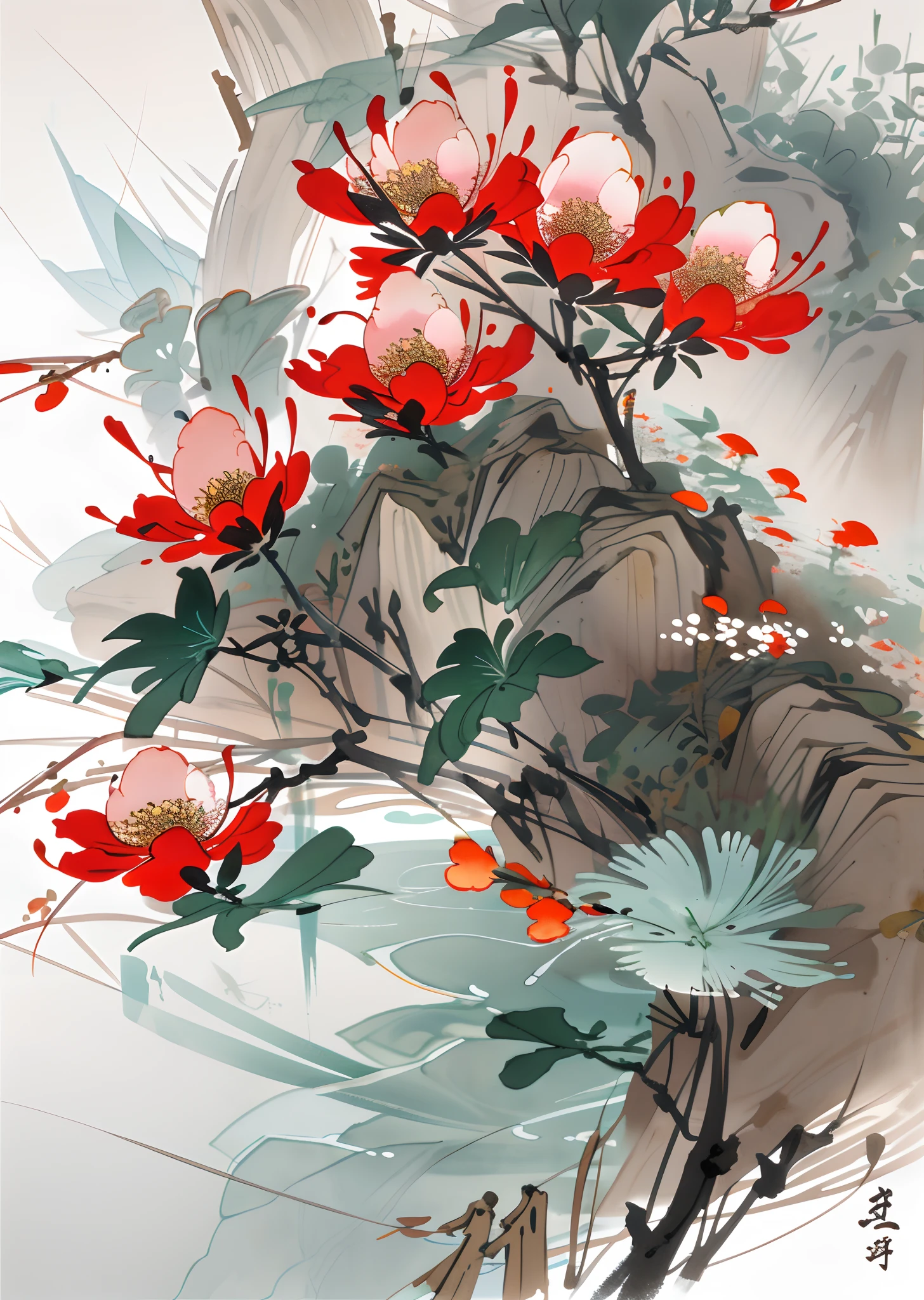 birds and flowers，[(white background:1.5)::5]，中景 the scene is，full bodyesbian，China-style，florals，stone fragment，Beautiful and delicate water，Wood grain flooring