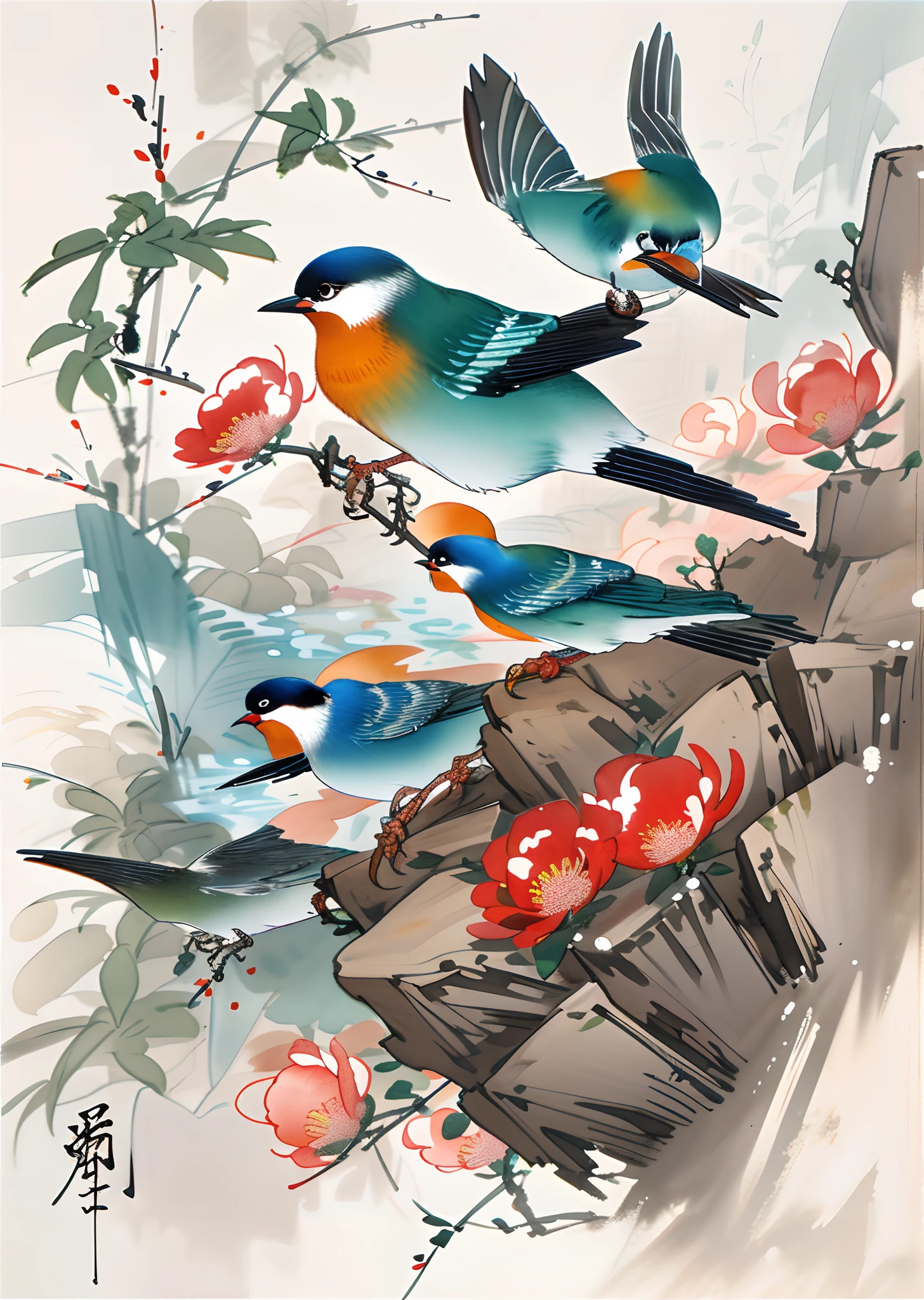 birds and flowers，[(white background:1.5)::5]，中景 the scene is，full bodyesbian，China-style，florals，stone fragment，Beautiful and delicate water，Wood grain flooring