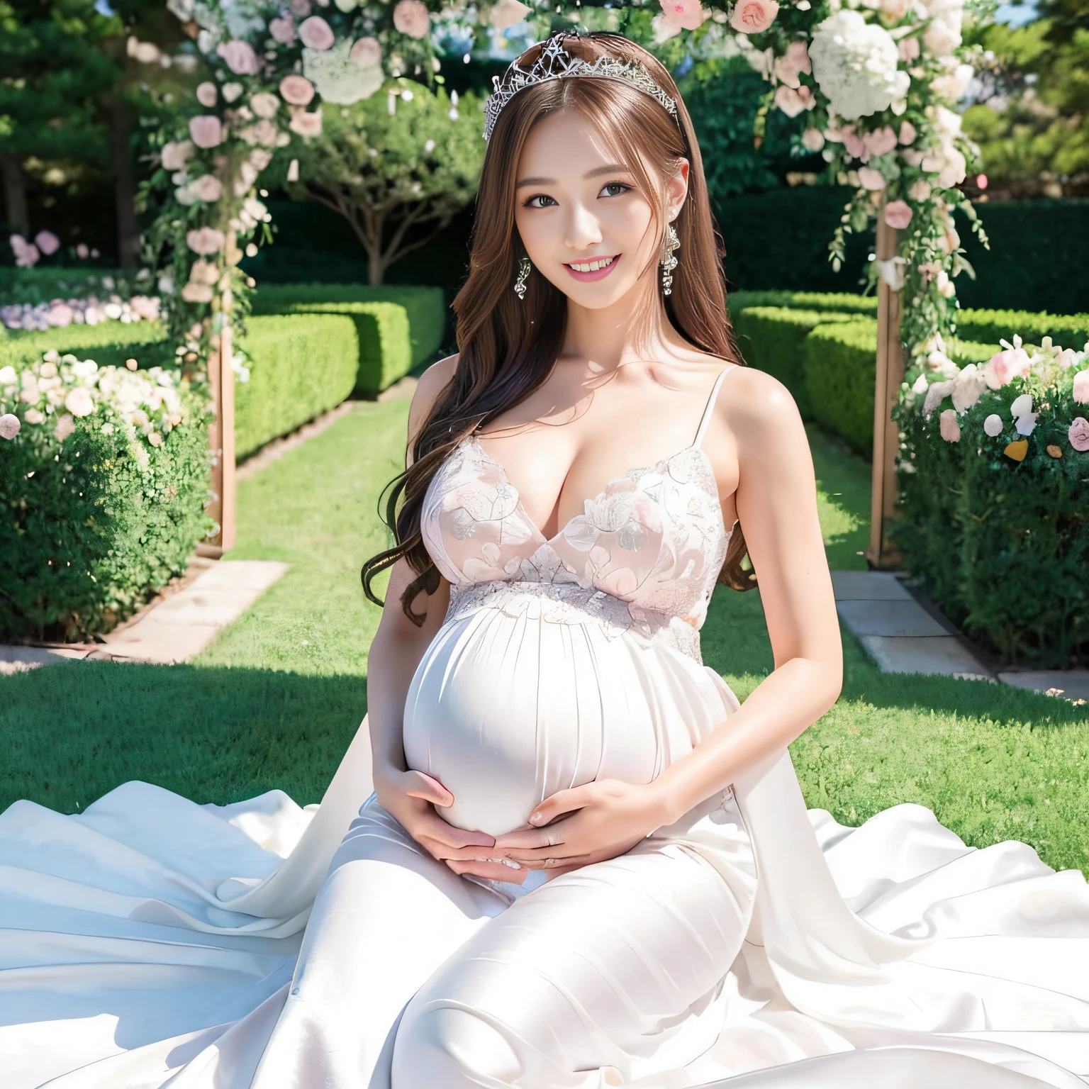 ((1 pregnant woman,One bride,1 pregnant bride,1 pregnant woman,Japan pregnant women,Pregnant,Pregnant women in Japan,Pregnant women,Pregnancy,Japan pregnant women,Big belly,Very big belly)),(Smile here,View here,Looking at the camera),finerly detailed face,Lifelike face,Clean teeth,White teeth,perfect teeth,A slight smil,beautiful tiara,Tiara tiara and jewelry,Sparkling tiara,8K、hightquality、The best images、beautiful image、flower gardens、(Flower Tunnel,Arch of roses,Flower Arch,A large amount of roses,surrounded by flower,a large amount of flowers,Pink and white roses,numerous roses,Pink roses,white roses,Bride surrounded by flowers)、8K、4K、hightquality、The best images、beautiful image、flower gardens、Bride surrounded by flowers、One Person Comforting、A slight smil、wedding dress、Fantastical、Under the peach blossom tree,Exquisite hands,The skirt is embroidered with delicate flowers,She wore a delicate ribbon around her waist,On his head is a green wreath,The wreath is dotted with small pale pink flowers and green leaves
