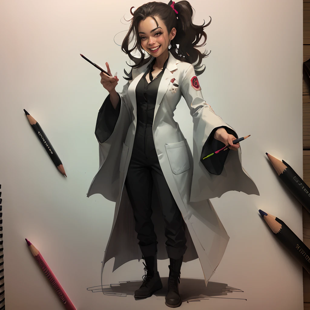 Evil scientist with crazy smile full body as pencil sketch