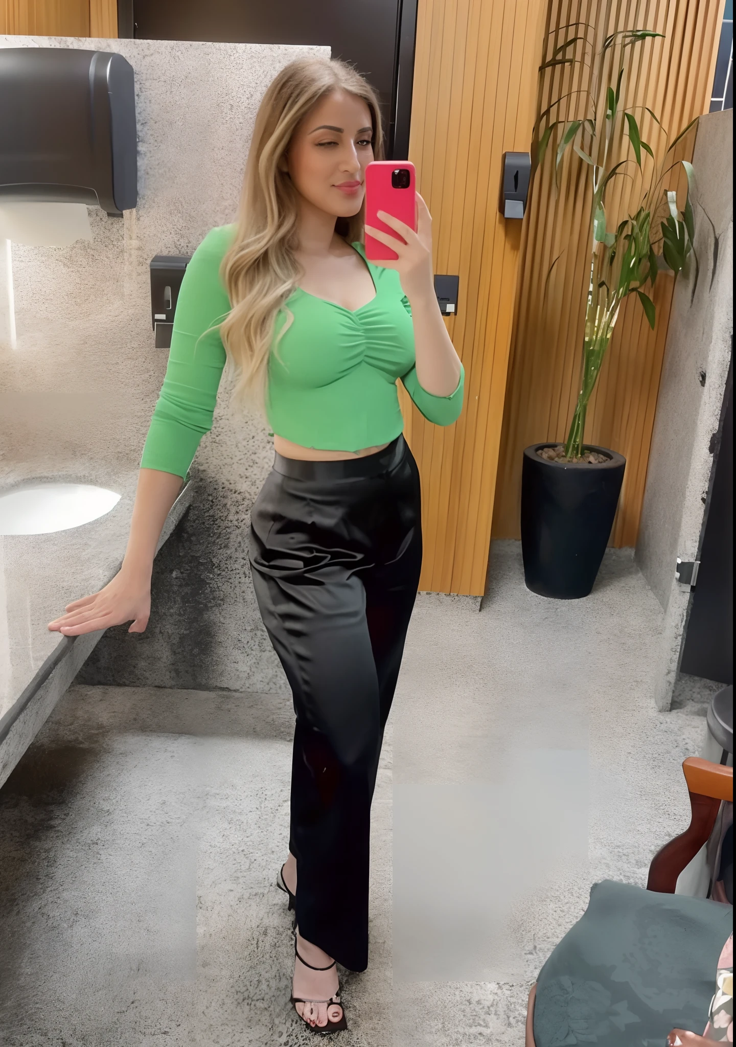 Araffe em um top verde e saia preta tirando uma selfie, usando um top cropped sexy, roupa apertada, olhar sexy, roupa muito sexy, roupa sexy, usando roupas simples e apertadas, thicc, verde e preto, traje apertado, usando crop top, Garota sexy, estilo sexy, preto e verde, Topo de colheita, roupas verdes