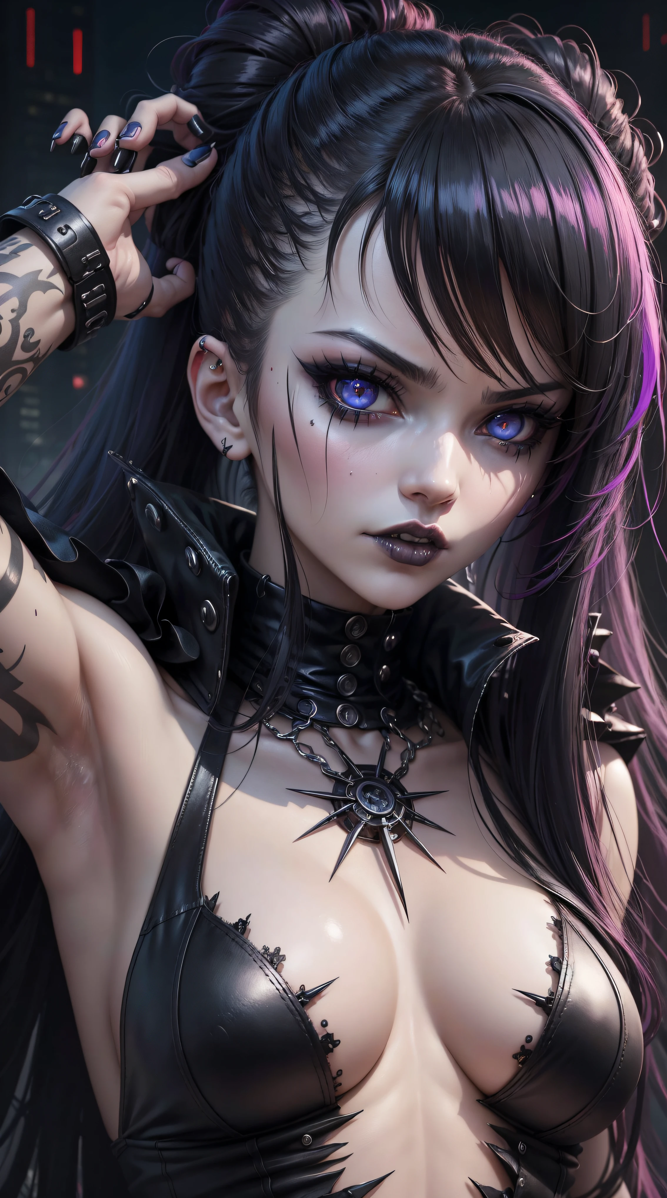 a close up of a person with a weird face and nails, gothic maiden anime girl, gothic - cyberpunk, cyberpunk horror style, gothic art style, detailed digital anime art, gothic art, demon anime girl, gothic girl face, anime style 4 k, dark art style, anime cyberpunk art, gothic aesthetic, 1 7 - - old me goth girl, gothic horror vibes