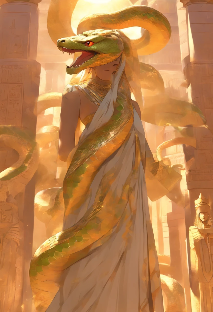 (((serpent face))) best quality, very high resolution, 4K detailed CG, masterpiece, Egyptian mythology, Renenutet, snake goddess, sun in the background, Ancient Egypt, standing pose, serpent face, white clothes , Egyptian clothing , Egyptian temple, desert, Ancient Egypt, ((serpent face)), Egyptian palace, aesthetics, beautiful image, centered on screen, standing pose