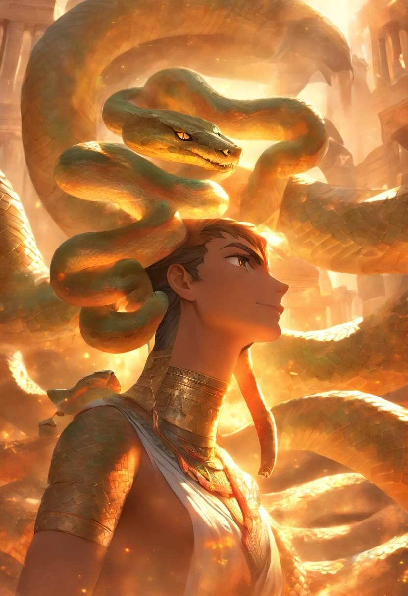 (((Woman's body and snake head)) best quality, very high resolution, 4K detailed CG, masterpiece, Egyptian mythology, Renenutet, sun disk, snake head, Ancient Egypt, sitting pose, Egyptian clothing, desert ,pyramid,Ancient Egypt,Egyptian Mythology, ((snake head woman's body)), aesthetic, beautiful image, centered on the screen, standing pose